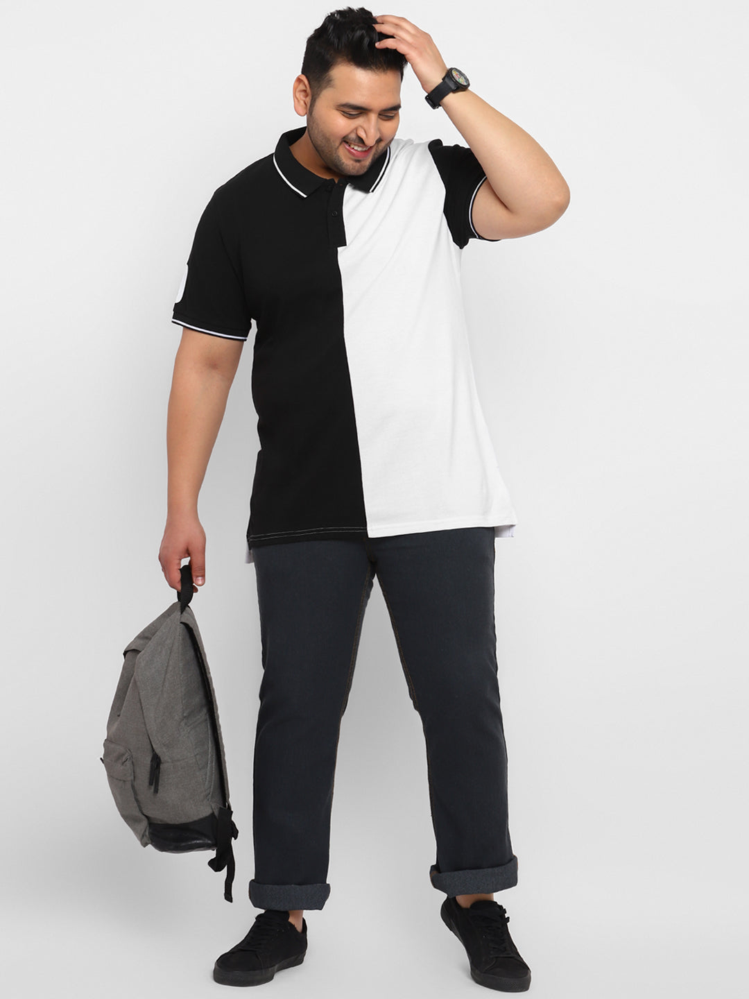 Plus Men's White, Black Colour-Block Regular Fit Half Sleeve Cotton Polo T-Shirt