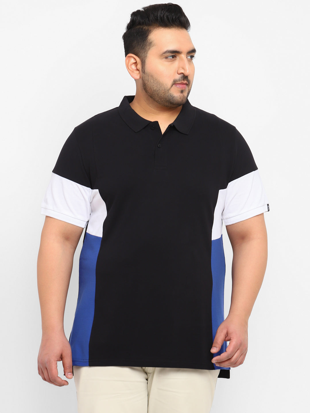 Plus Men's Black, White, Royal Blue Colour-Block Regular Fit Half Sleeve Cotton Polo T-Shirt