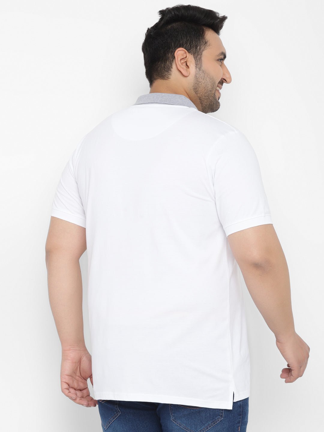 Plus Men's White, Grey, Navy Blue Colour-Block Regular Fit Half Sleeve Cotton Polo T-Shirt