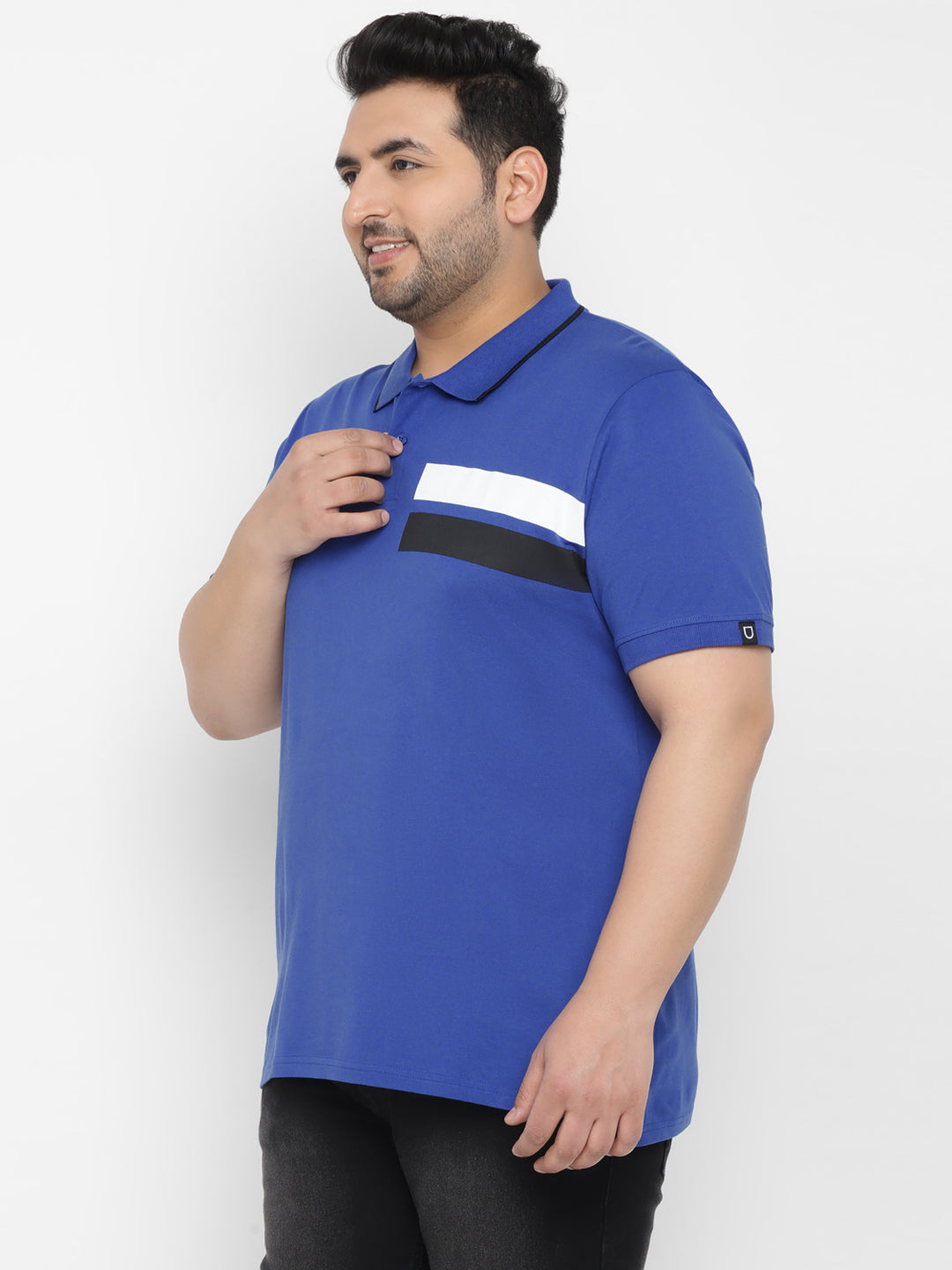 Plus Men's Royal Blue Colour-Block Regular Fit Half Sleeve Cotton Polo T-Shirt