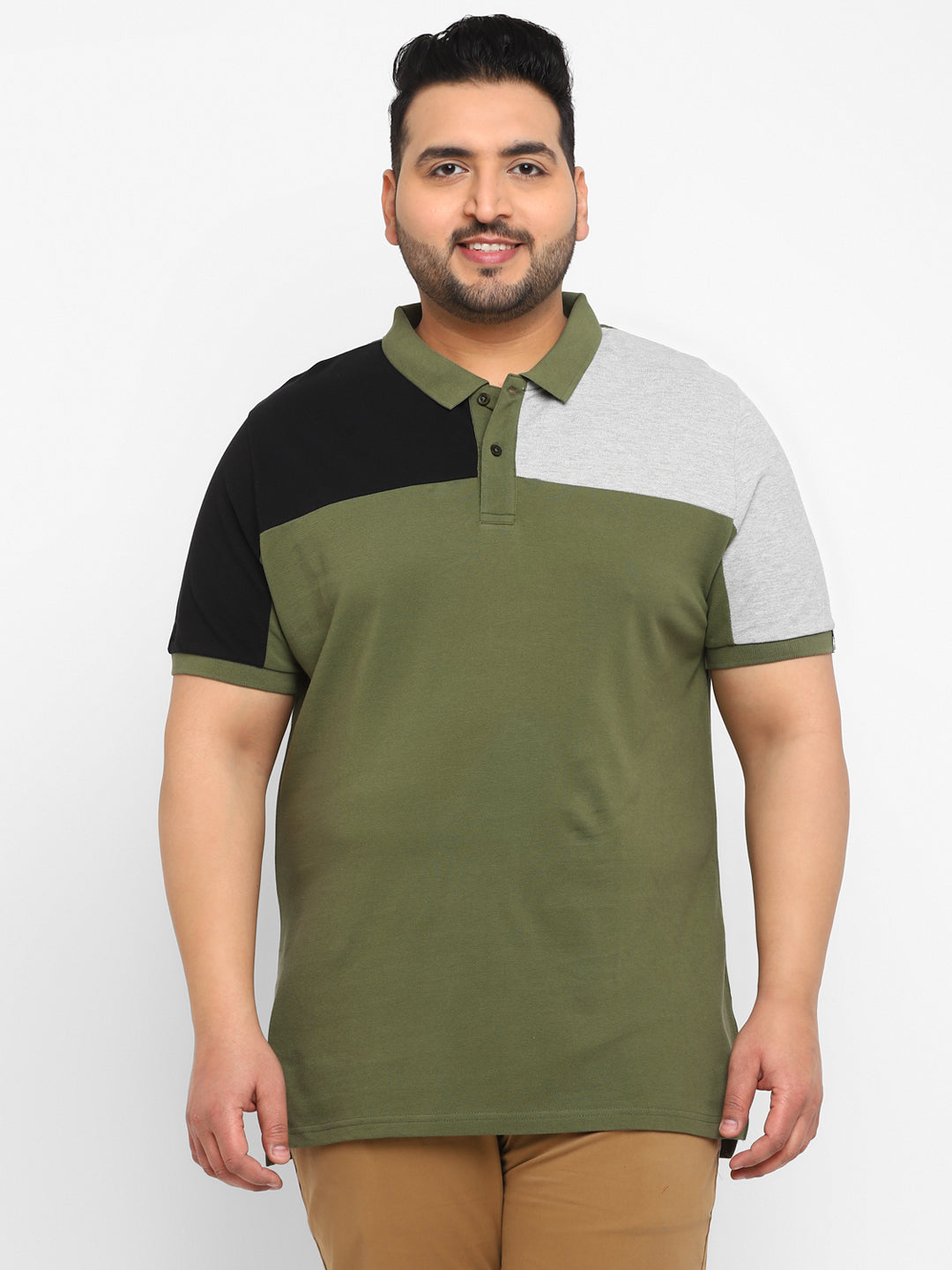 Urbano Plus Men's Olive, Black, Grey Melange Colour-Block Regular Fit Half Sleeve Cotton Polo T-Shirt