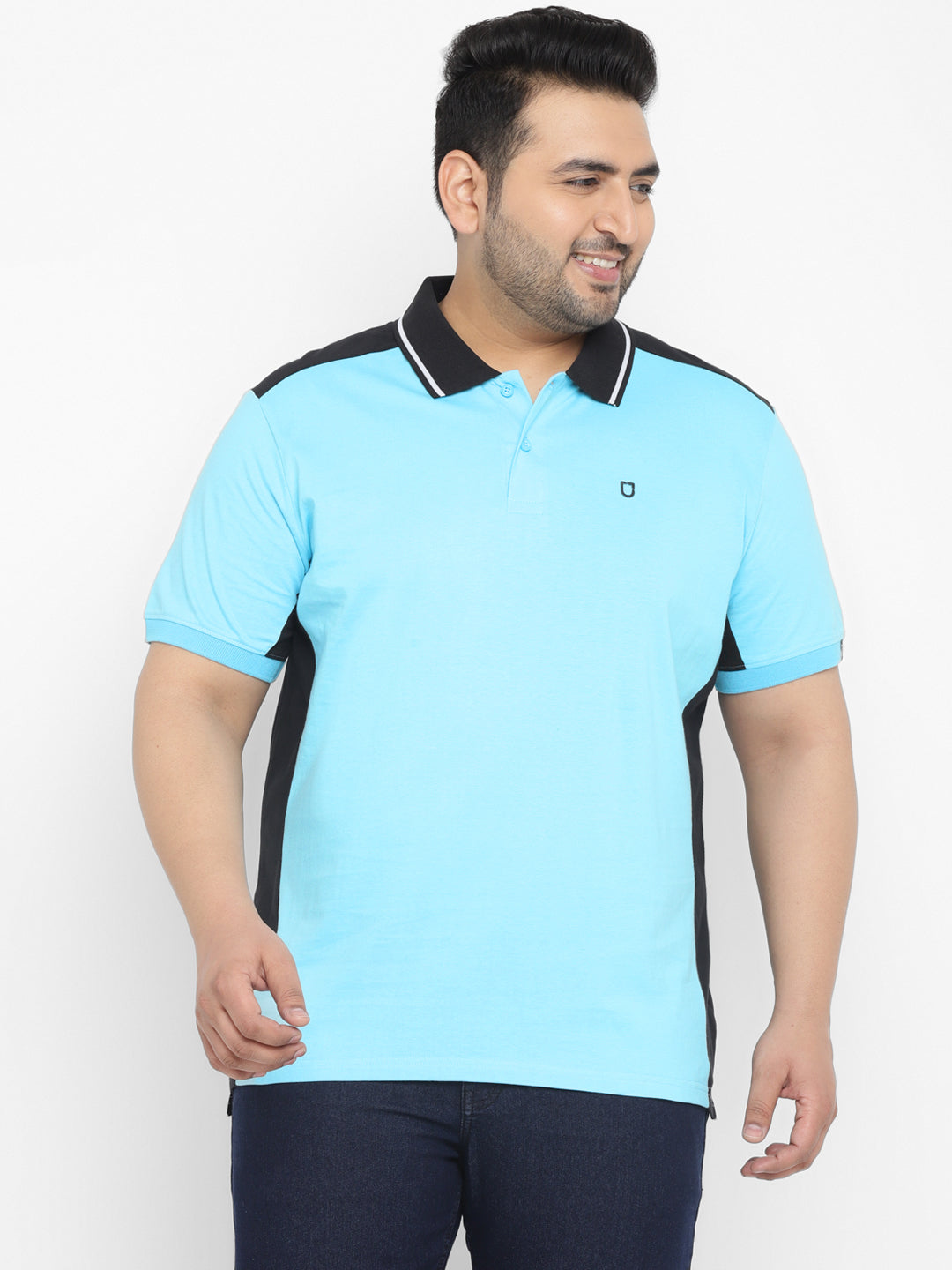 Plus Men's Blue, Black Colour-Block Regular Fit Half Sleeve Cotton Polo T-Shirt