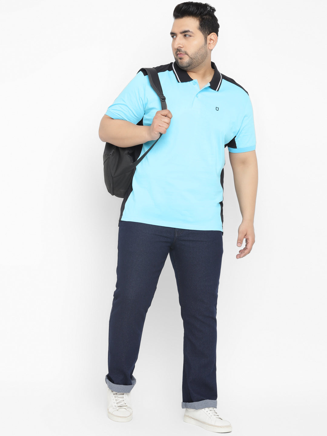 Plus Men's Blue, Black Colour-Block Regular Fit Half Sleeve Cotton Polo T-Shirt