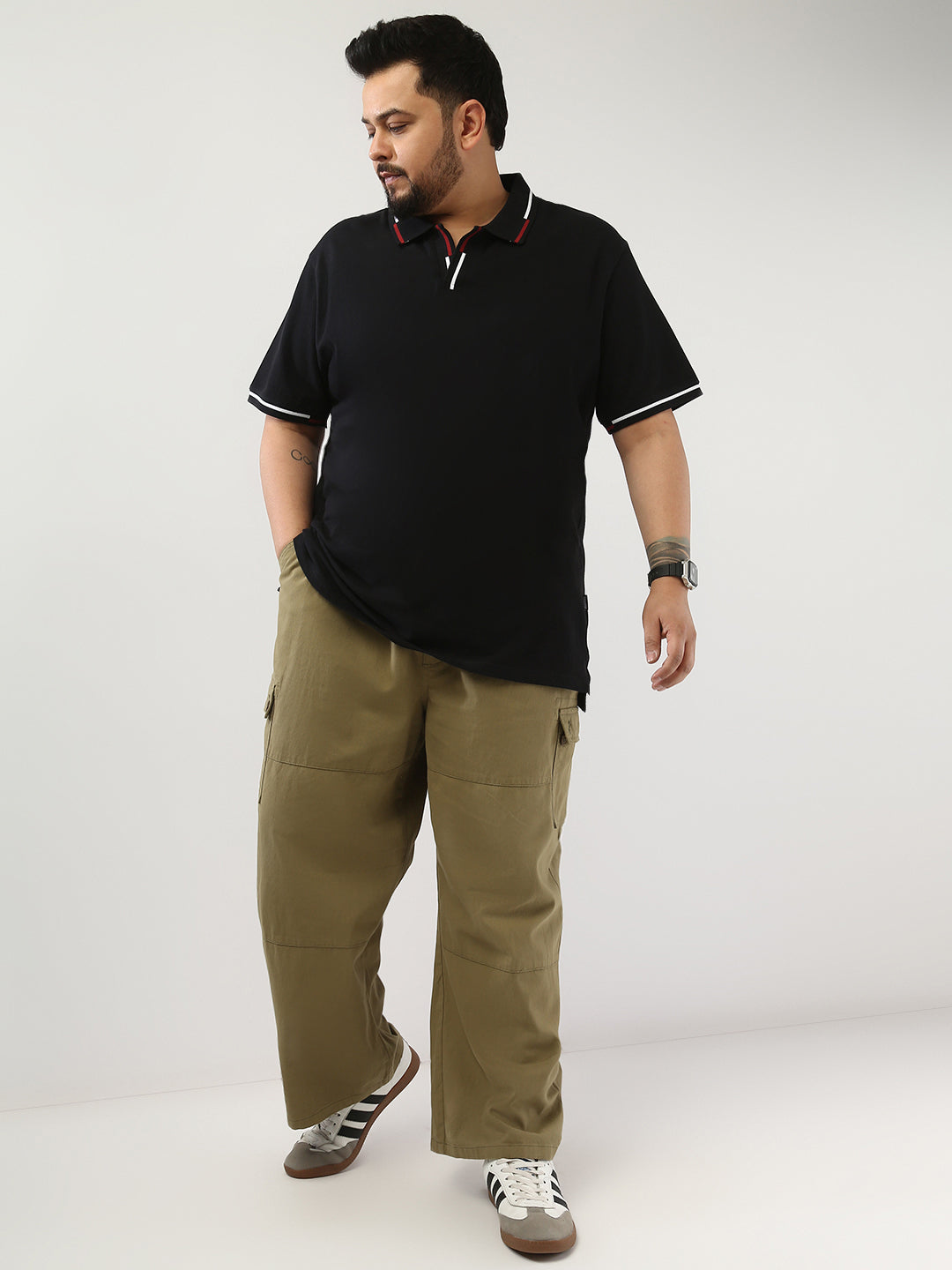 Plus Men's Black Solid Regular Fit Half Sleeve Cotton Polo T-Shirt