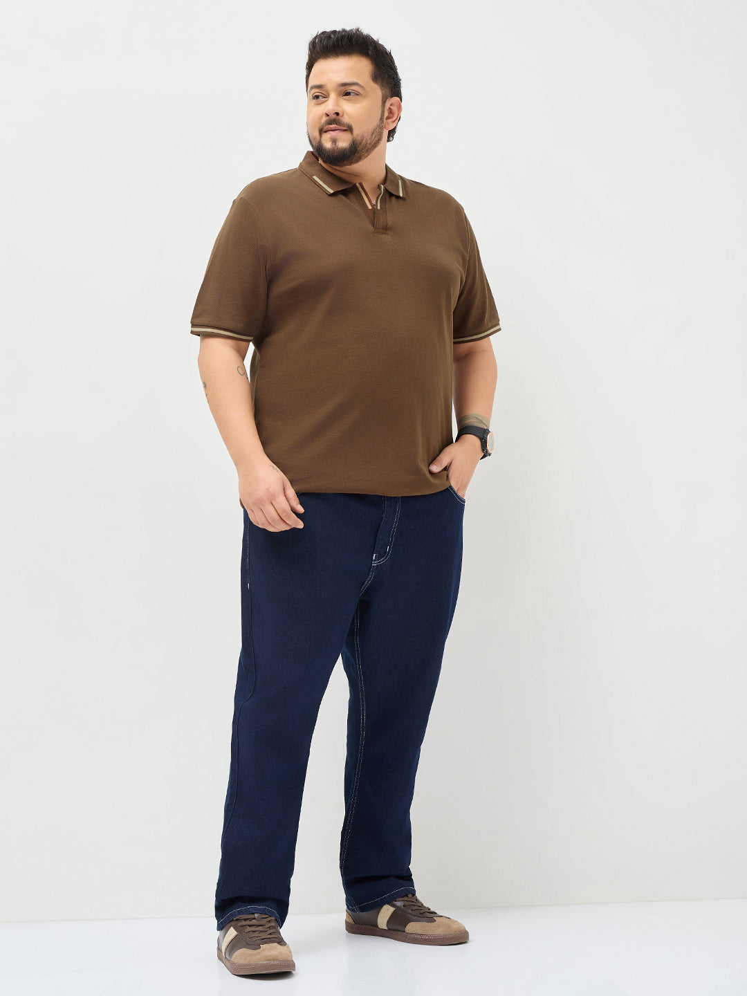 Plus Men's Dark Brown Solid Regular Fit Half Sleeve Cotton Polo T-Shirt