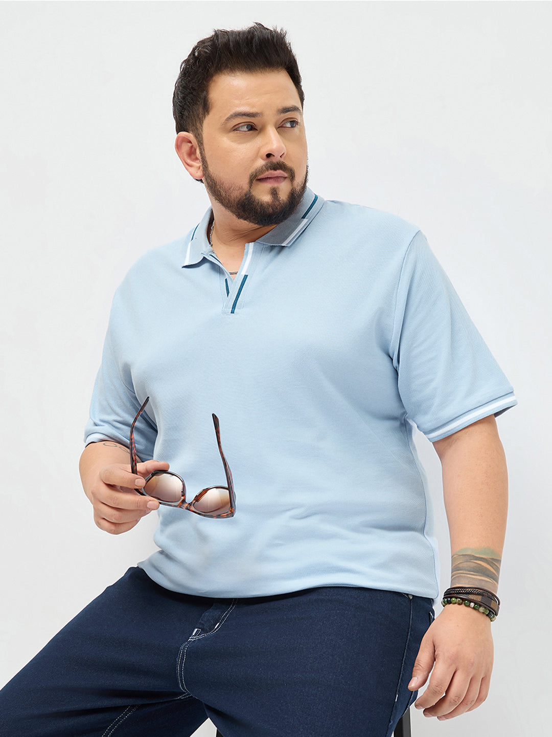 Plus Men's Light Sky Blue Solid Regular Fit Half Sleeve Cotton Polo T-Shirt