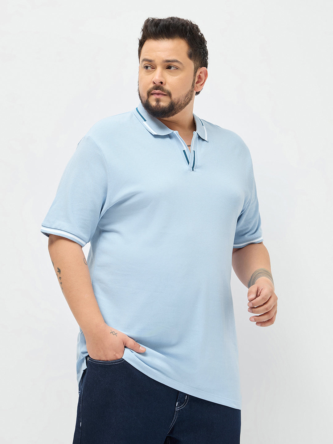 Plus Men's Light Sky Blue Solid Regular Fit Half Sleeve Cotton Polo T-Shirt