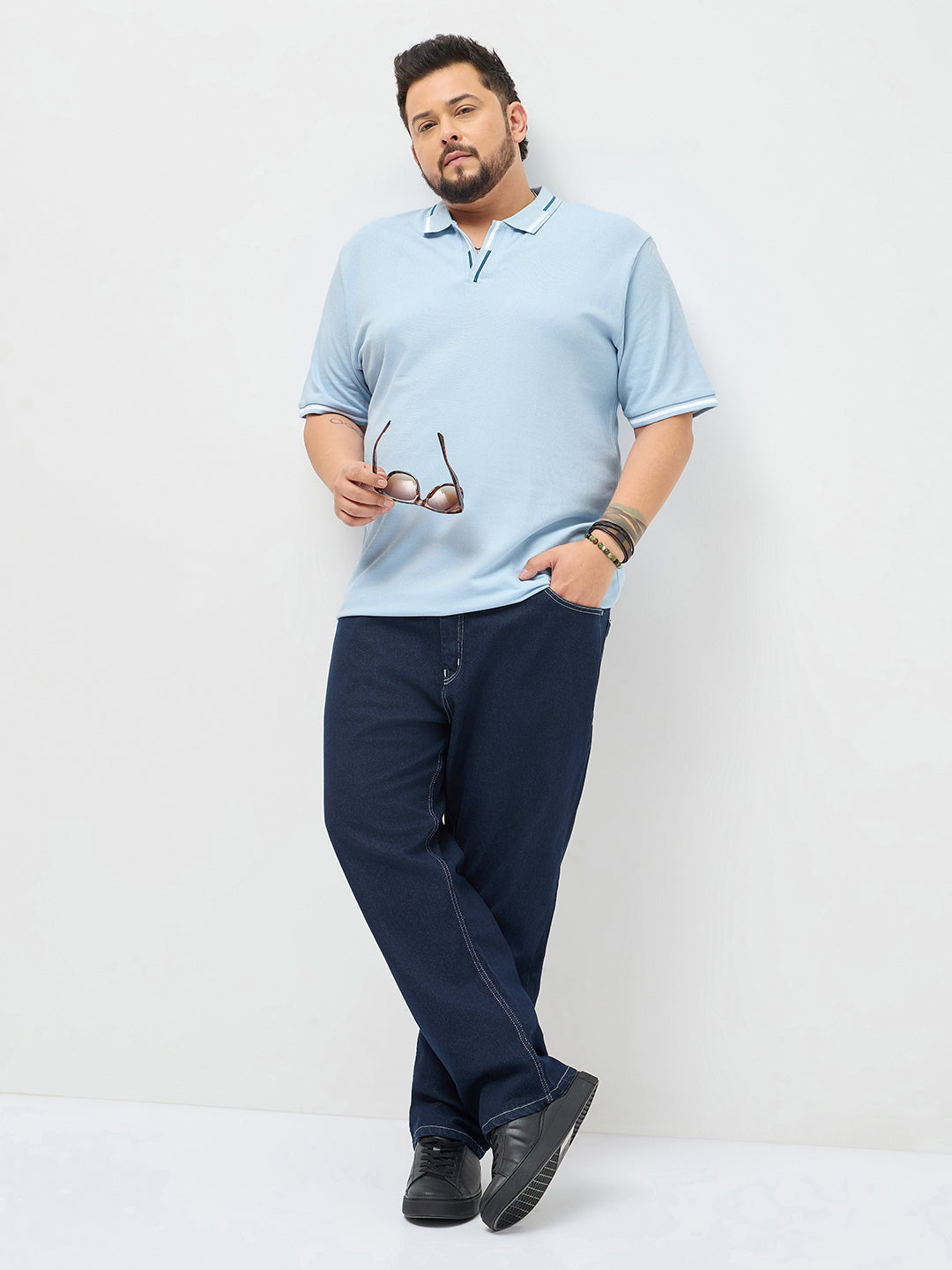 Plus Men's Light Sky Blue Solid Regular Fit Half Sleeve Cotton Polo T-Shirt