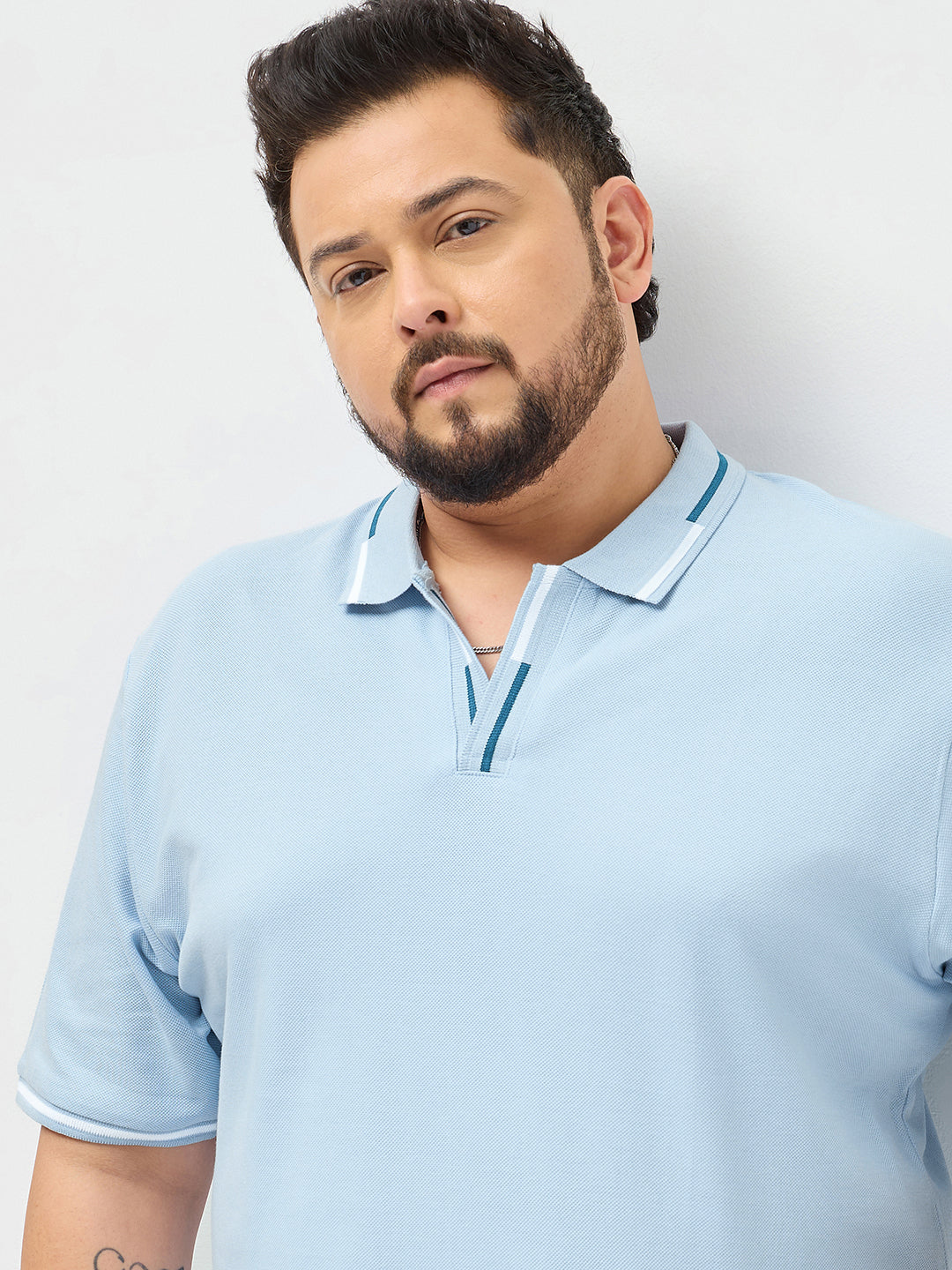 Plus Men's Light Sky Blue Solid Regular Fit Half Sleeve Cotton Polo T-Shirt