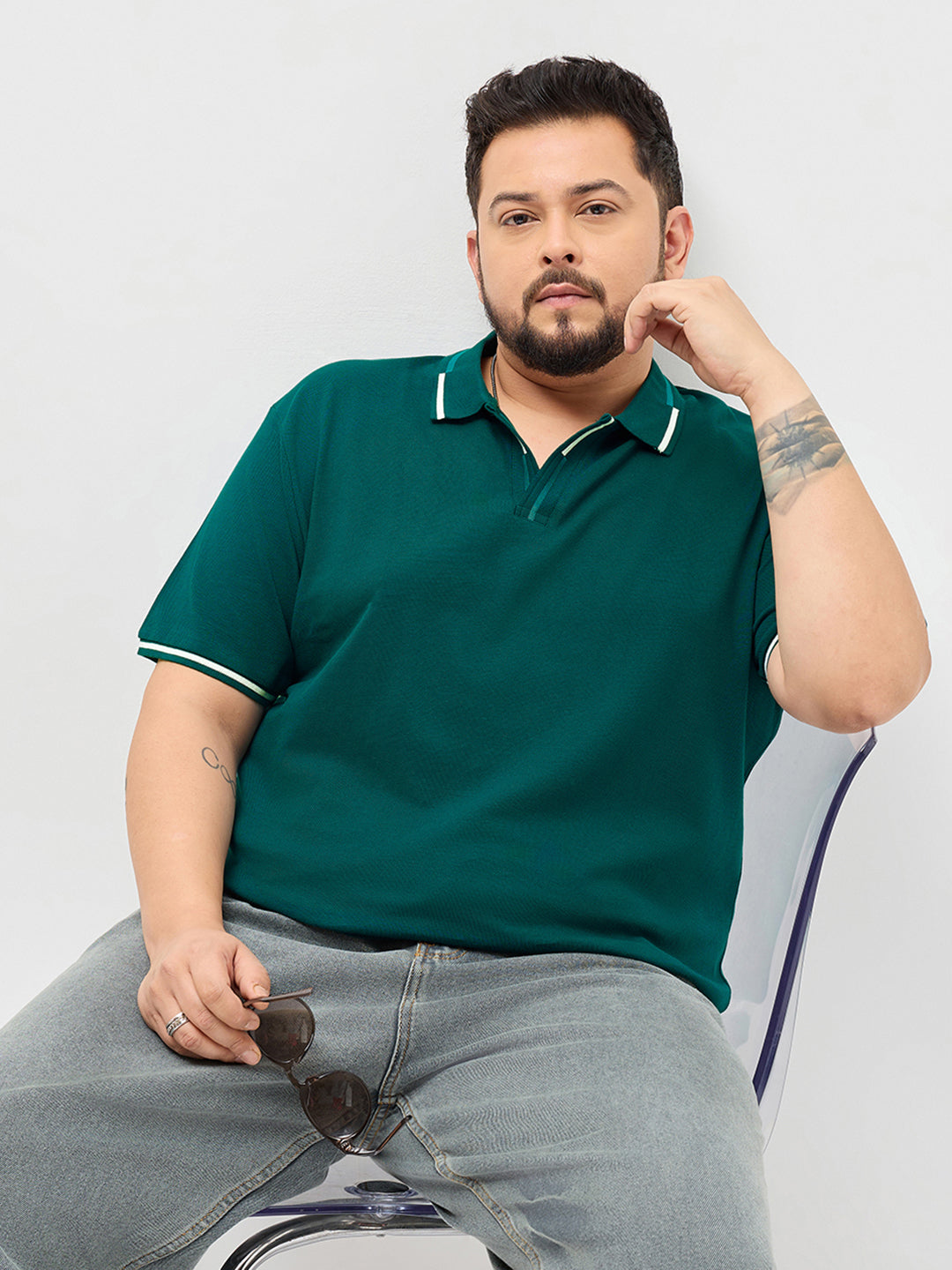 Plus Men's Teal Green Solid Regular Fit Half Sleeve Cotton Polo T-Shirt