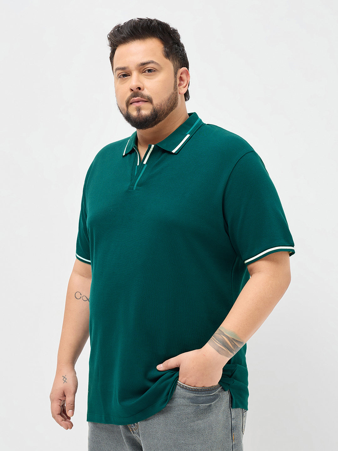 Plus Men's Teal Green Solid Regular Fit Half Sleeve Cotton Polo T-Shirt