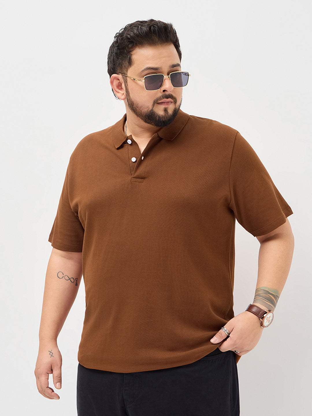 Plus Men's Chocolare Brown Solid Regular Fit Half Sleeve Cotton Polo T-Shirt
