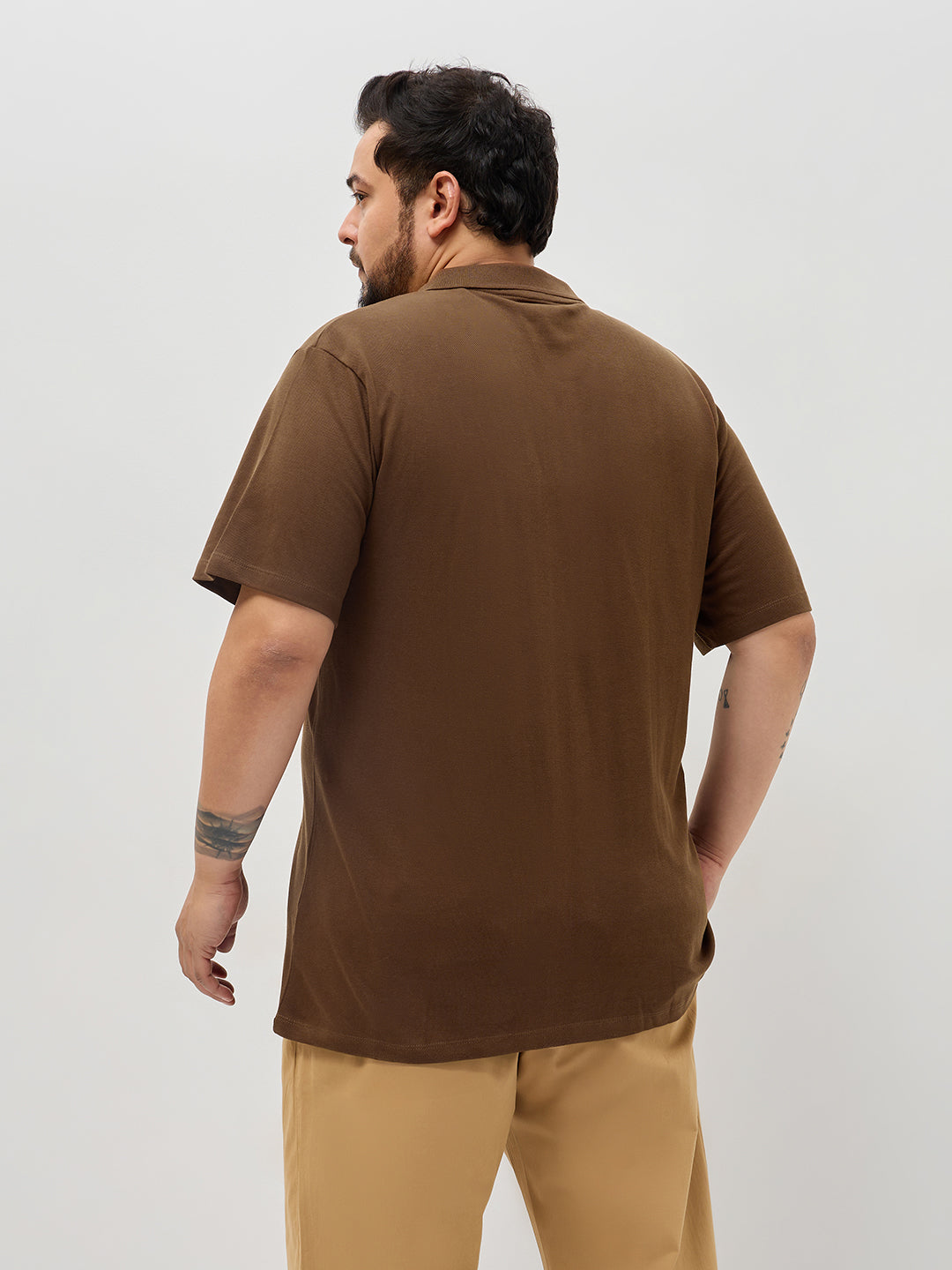 Plus Men's Dark Brown Solid Regular Fit Half Sleeve Cotton Polo T-Shirt