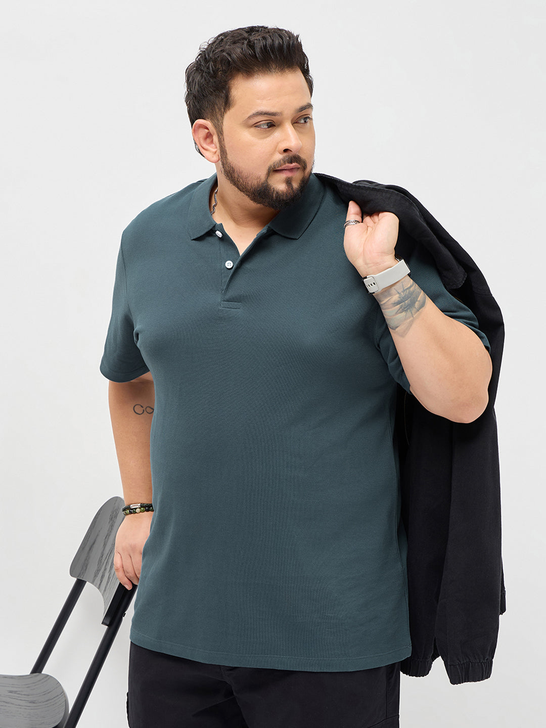 Plus Men's Dark Grey Solid Regular Fit Half Sleeve Cotton Polo T-Shirt