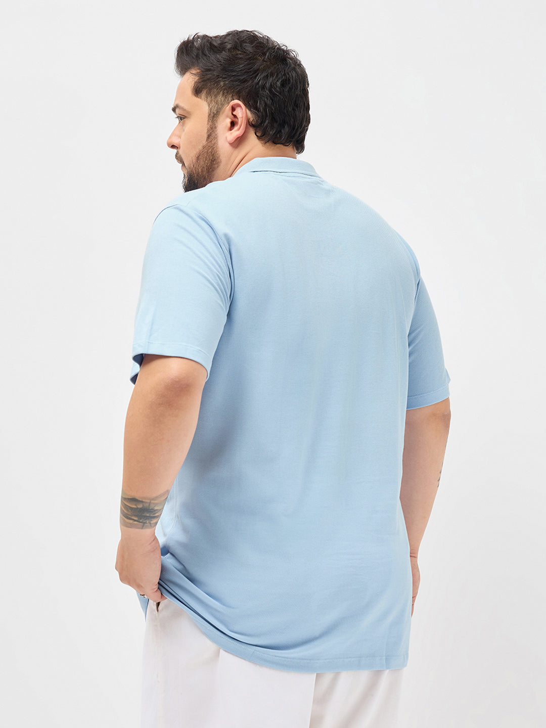 Plus Men's Light Sky Blue Solid Regular Fit Half Sleeve Cotton Polo T-Shirt