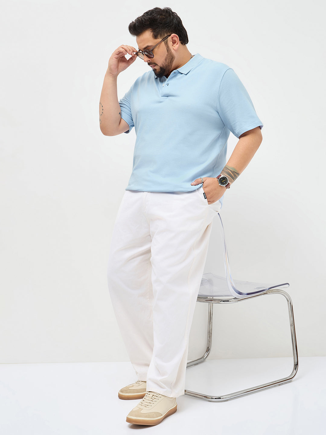 Plus Men's Light Sky Blue Solid Regular Fit Half Sleeve Cotton Polo T-Shirt