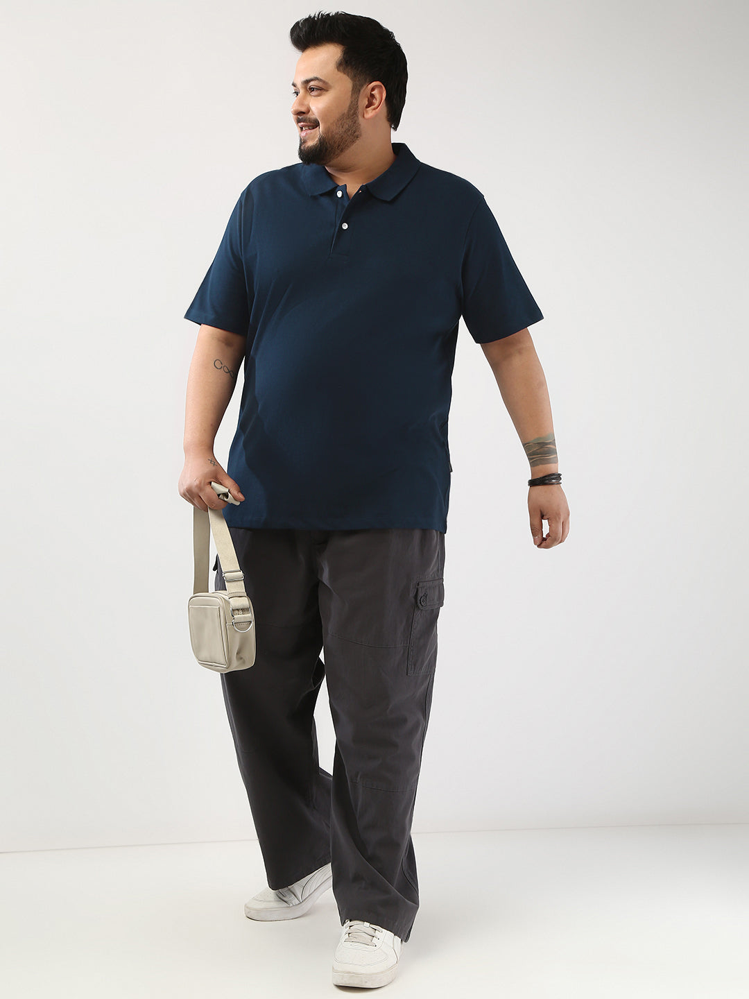 Plus Men's Navy Solid Regular Fit Half Sleeve Cotton Polo T-Shirt