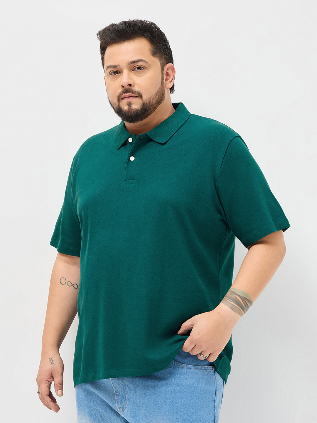 Plus Men's Teal Green Solid Regular Fit Half Sleeve Cotton Polo T-Shirt