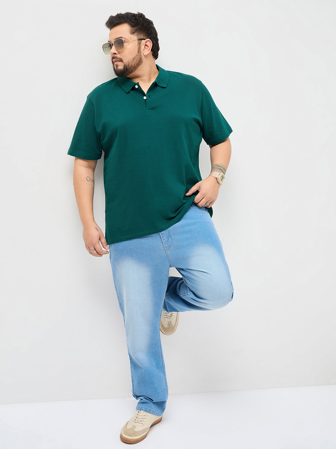 Plus Men's Teal Green Solid Regular Fit Half Sleeve Cotton Polo T-Shirt