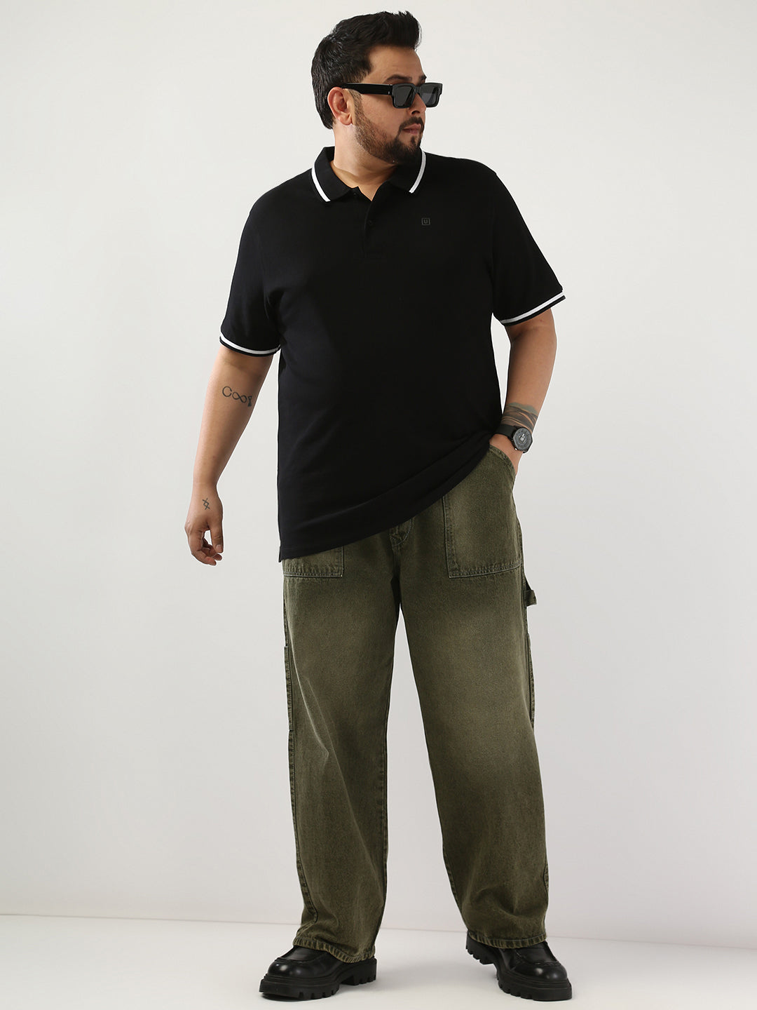 Plus Men's Black Solid Regular Fit Half Sleeve Cotton Polo T-Shirt