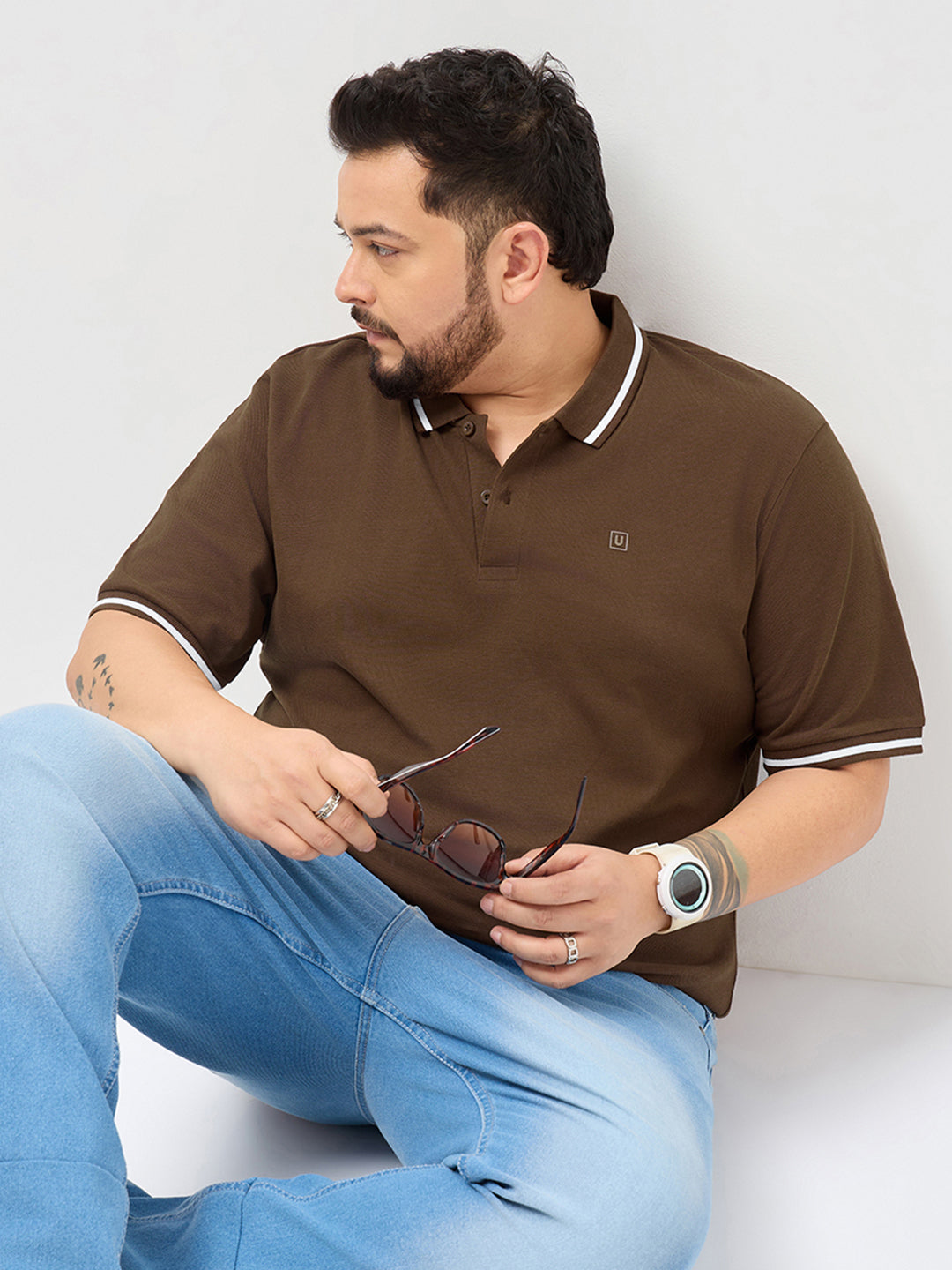Plus Men's Dark Brown Solid Regular Fit Half Sleeve Cotton Polo T-Shirt