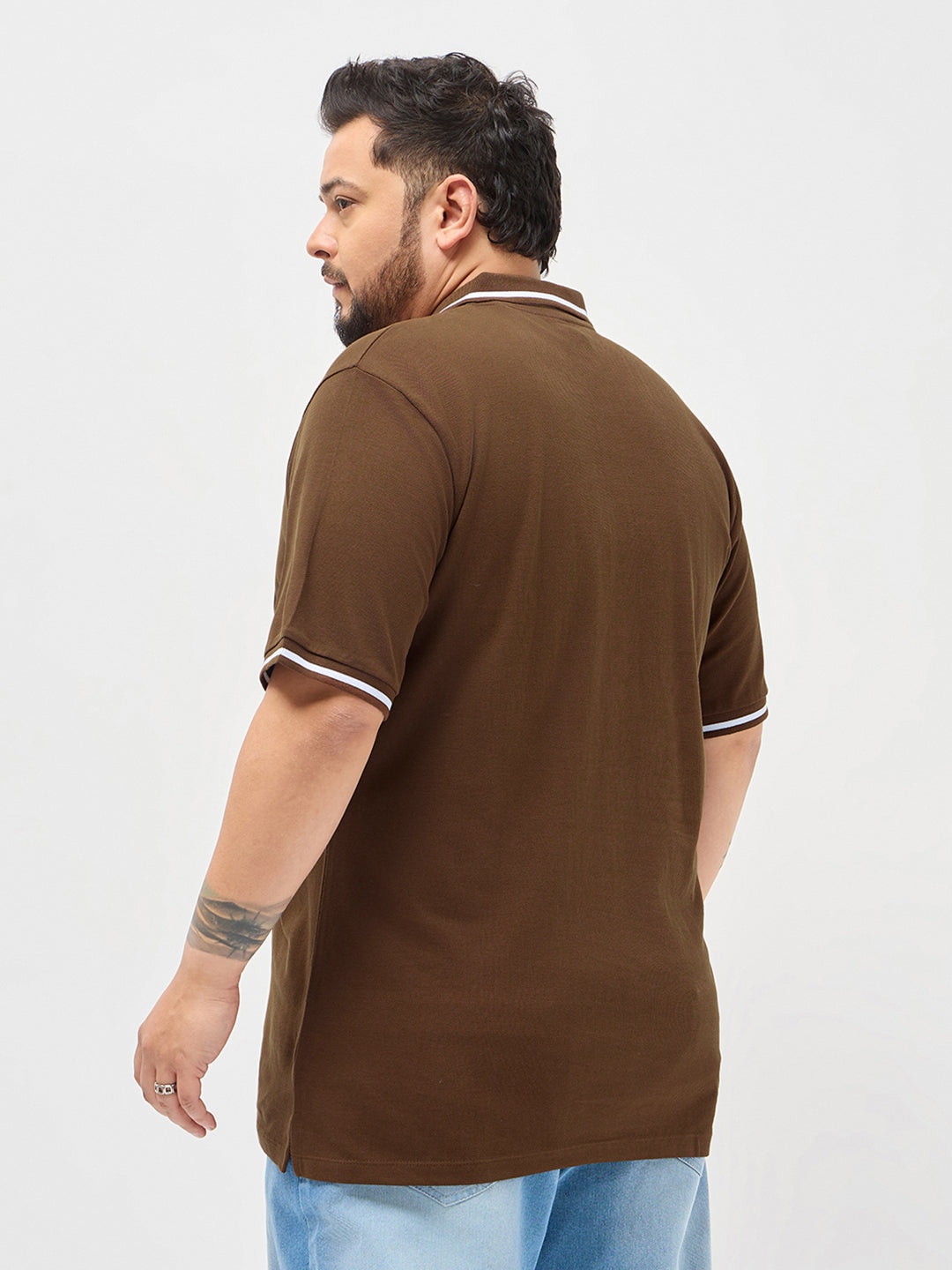 Plus Men's Dark Brown Solid Regular Fit Half Sleeve Cotton Polo T-Shirt