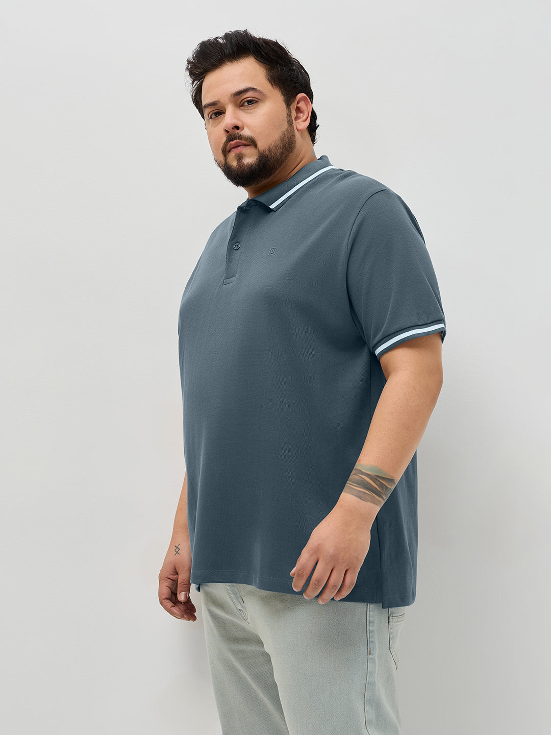 Plus Men's Dark Grey Solid Regular Fit Half Sleeve Cotton Polo T-Shirt