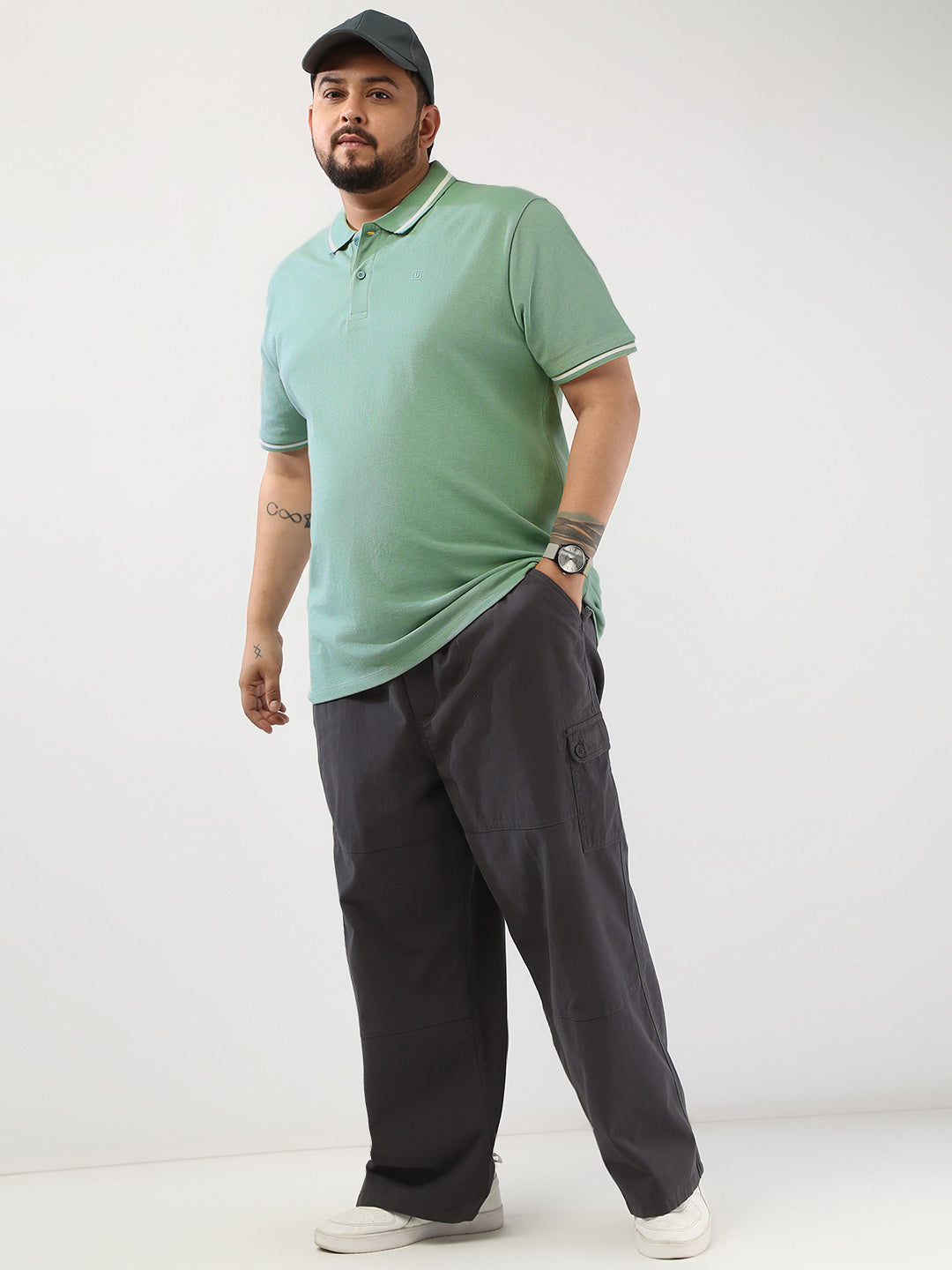 Plus Men's Granite Green Solid Regular Fit Half Sleeve Cotton Polo T-Shirt