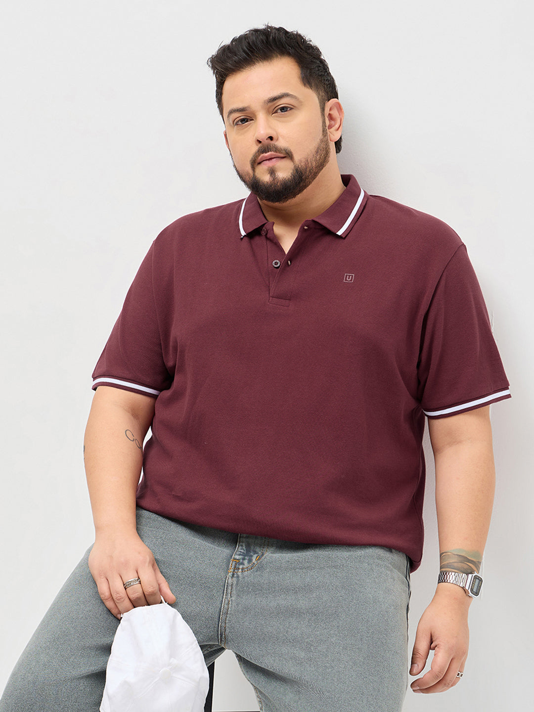 Plus Men's Maroon Solid Regular Fit Half Sleeve Cotton Polo T-Shirt