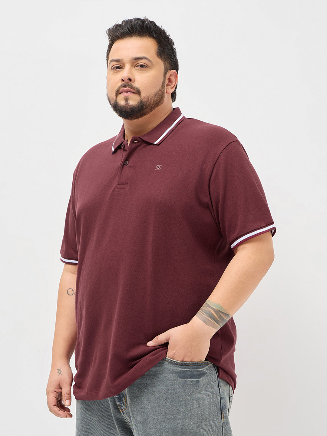 Plus Men's Maroon Solid Regular Fit Half Sleeve Cotton Polo T-Shirt