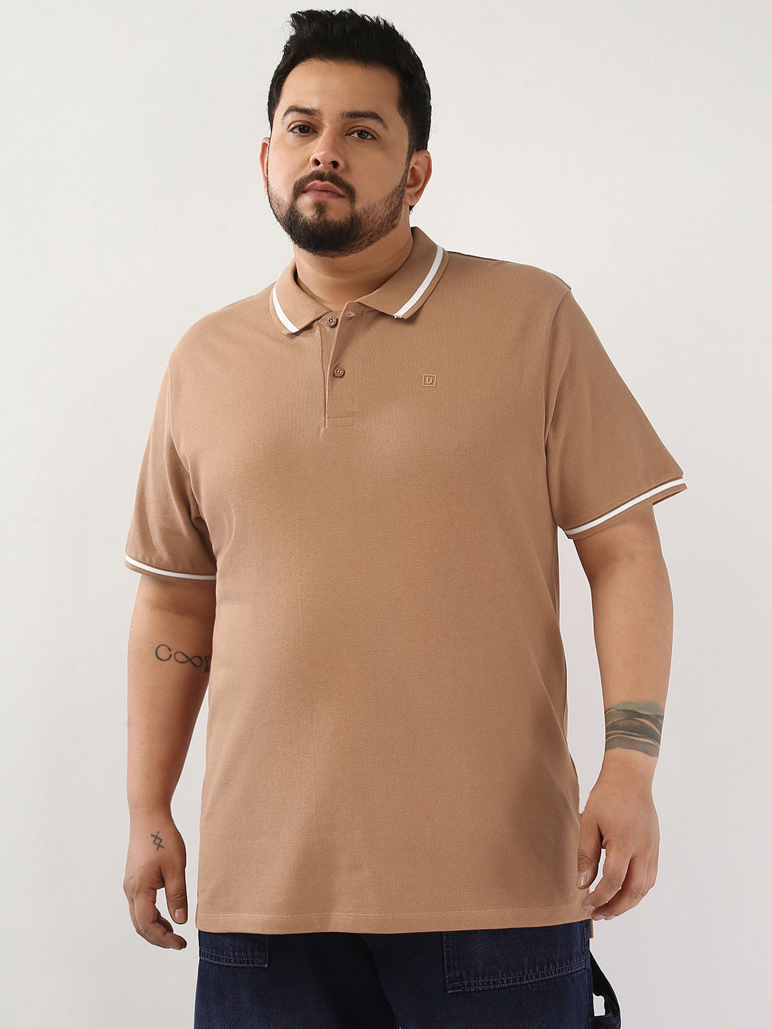 Plus Men's Mocha Mousse Solid Regular Fit Half Sleeve Cotton Polo T-Shirt