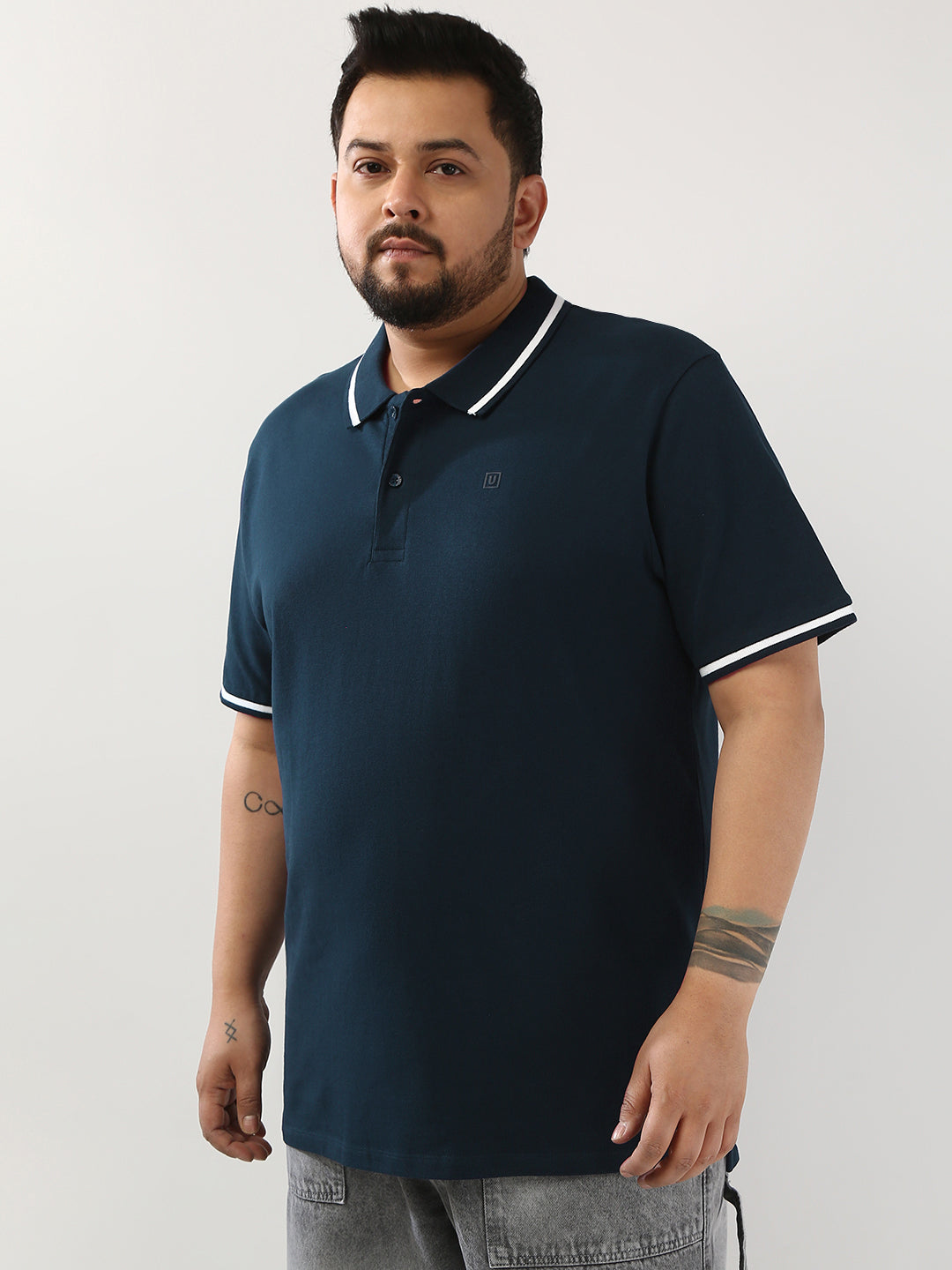 Plus Men's Navy Solid Regular Fit Half Sleeve Cotton Polo T-Shirt