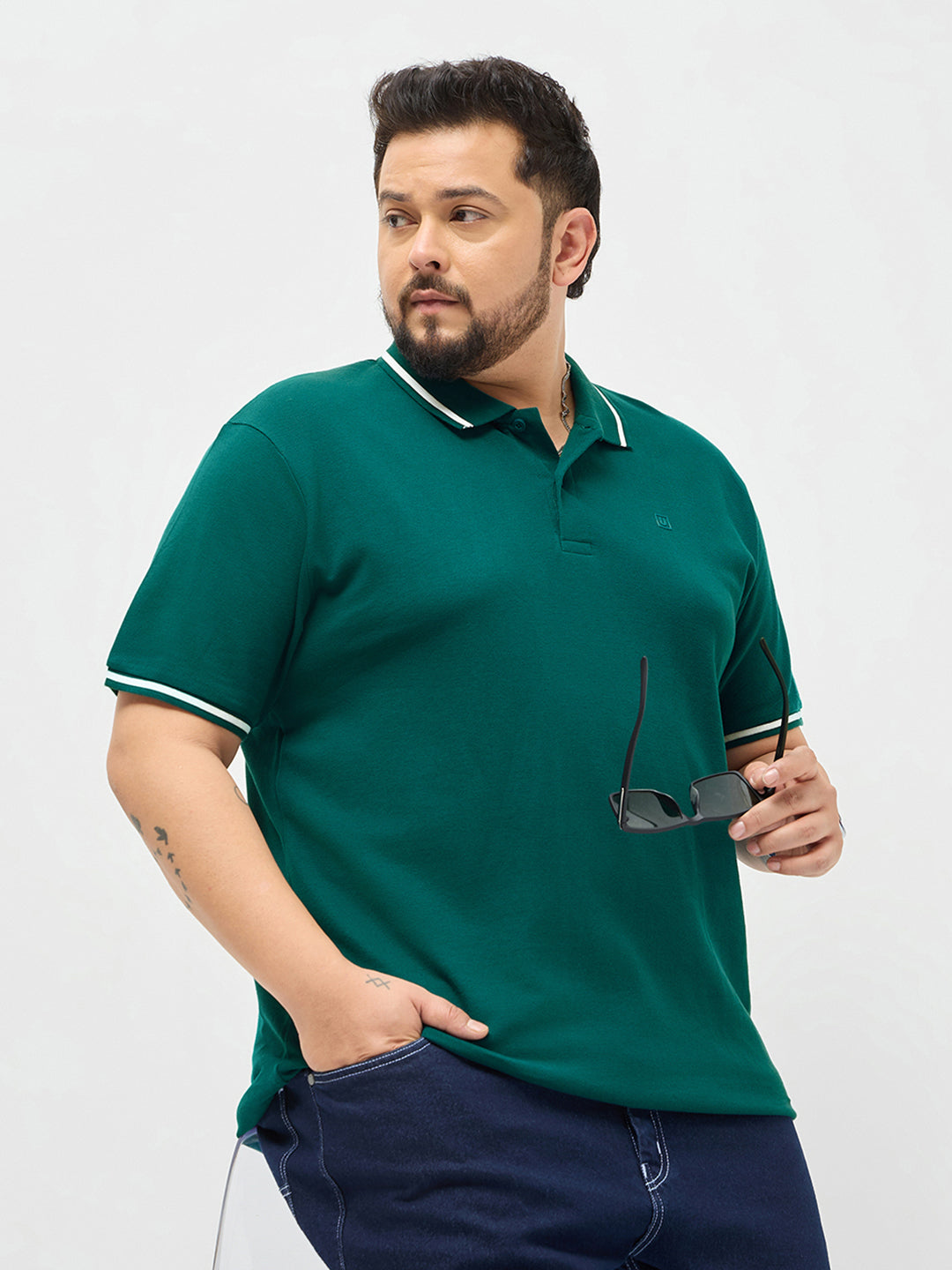 Plus Men's Teal Green Solid Regular Fit Half Sleeve Cotton Polo T-Shirt