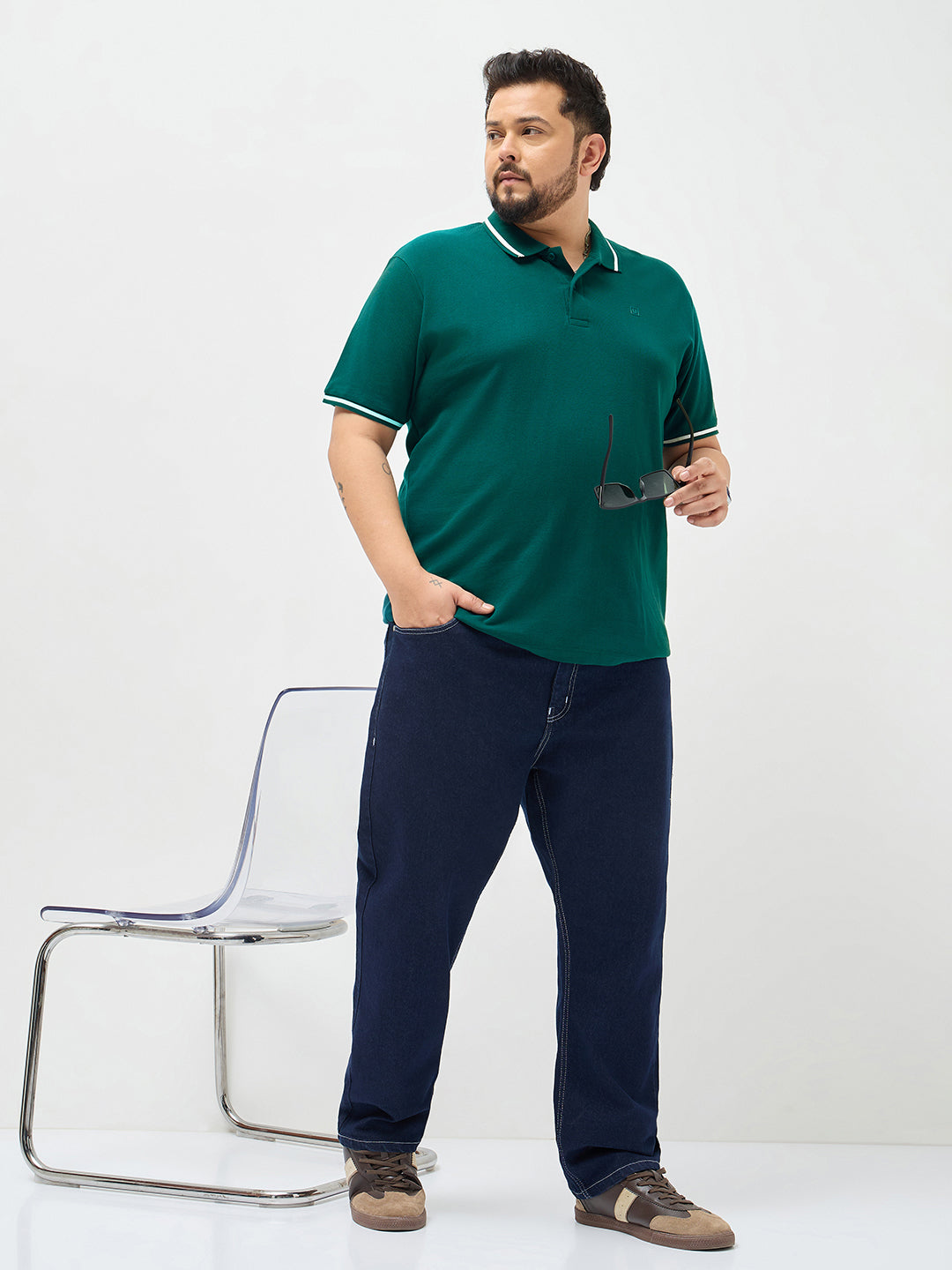 Plus Men's Teal Green Solid Regular Fit Half Sleeve Cotton Polo T-Shirt