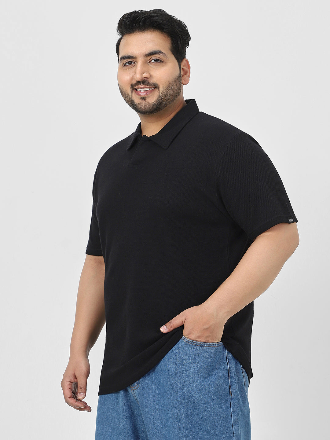 Plus Men's Black Textured Regular Fit Half Sleeve Cotton Polo T-Shirt