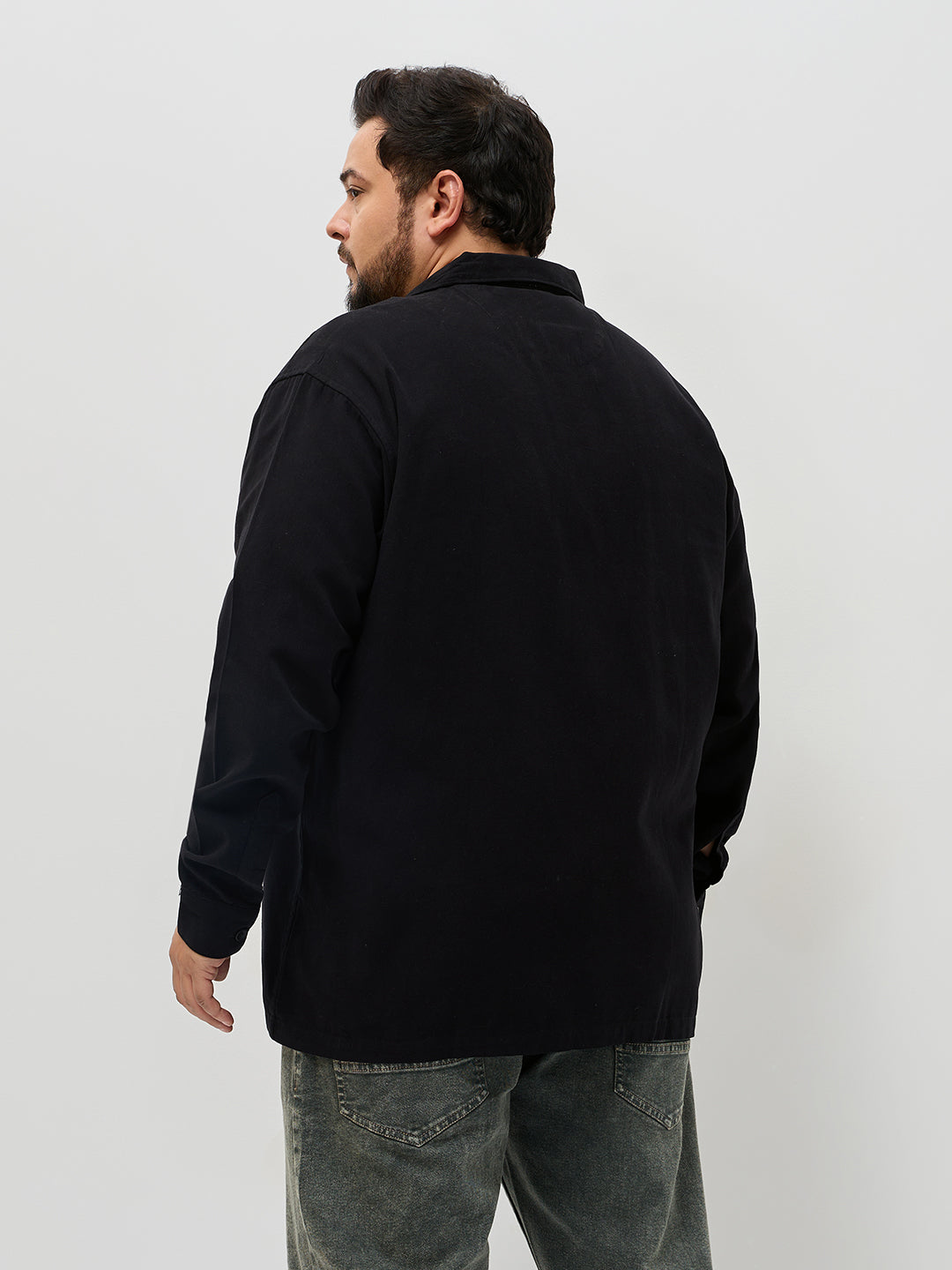 Plus Men's Black Cotton Full Sleeve Relaxed Fit Shacket with Utility Pockets