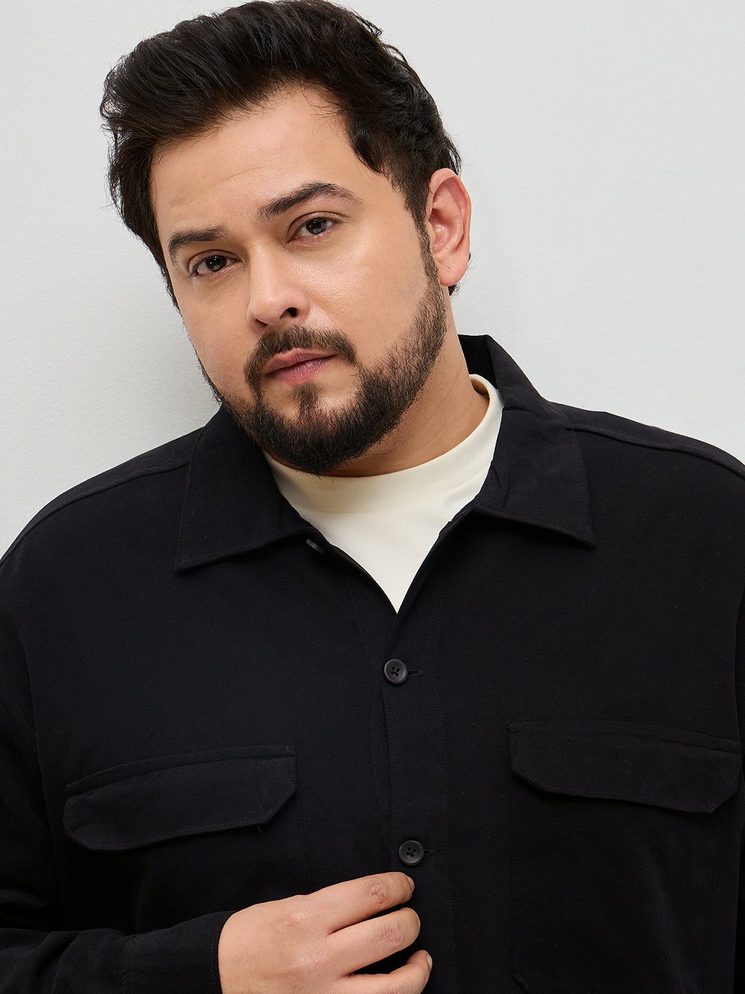 Plus Men's Black Cotton Full Sleeve Relaxed Fit Shacket with Utility Pockets