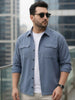 Plus Men's Blue Cotton Full Sleeve Relaxed Fit Shacket with Utility Pockets
