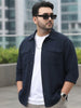 Plus Men's Navy Cotton Full Sleeve Relaxed Fit Shacket with Utility Pockets