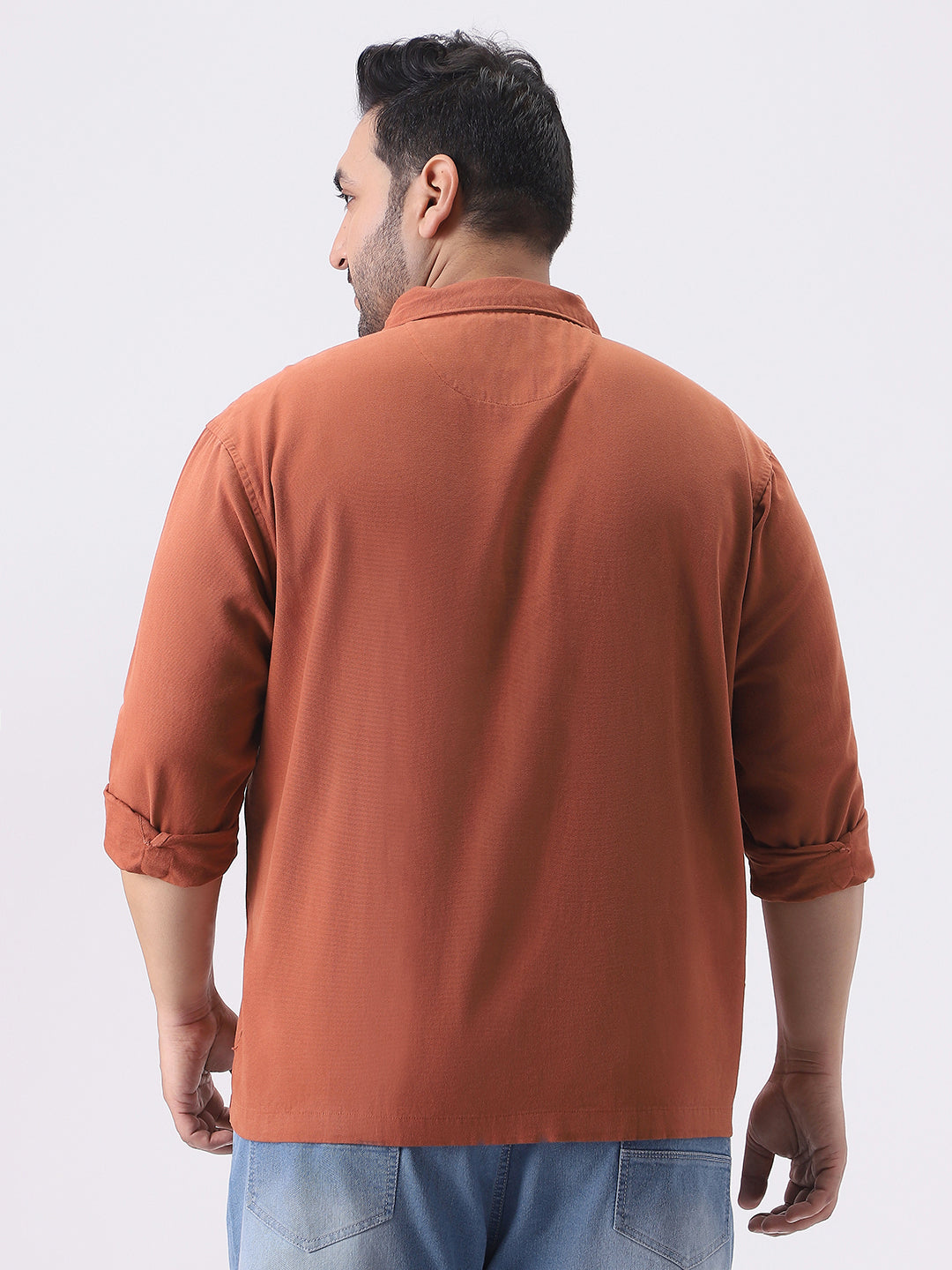 Plus Men's Rust Cotton Full Sleeve Relaxed Fit Shacket with Utility Pockets