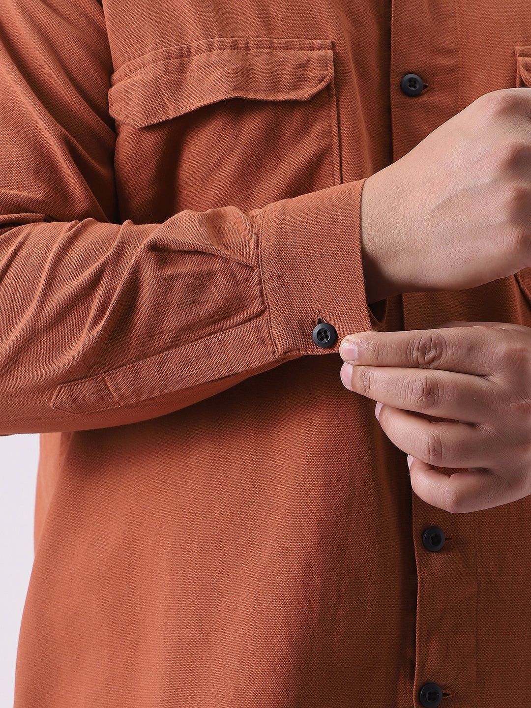 Plus Men's Rust Cotton Full Sleeve Relaxed Fit Shacket with Utility Pockets