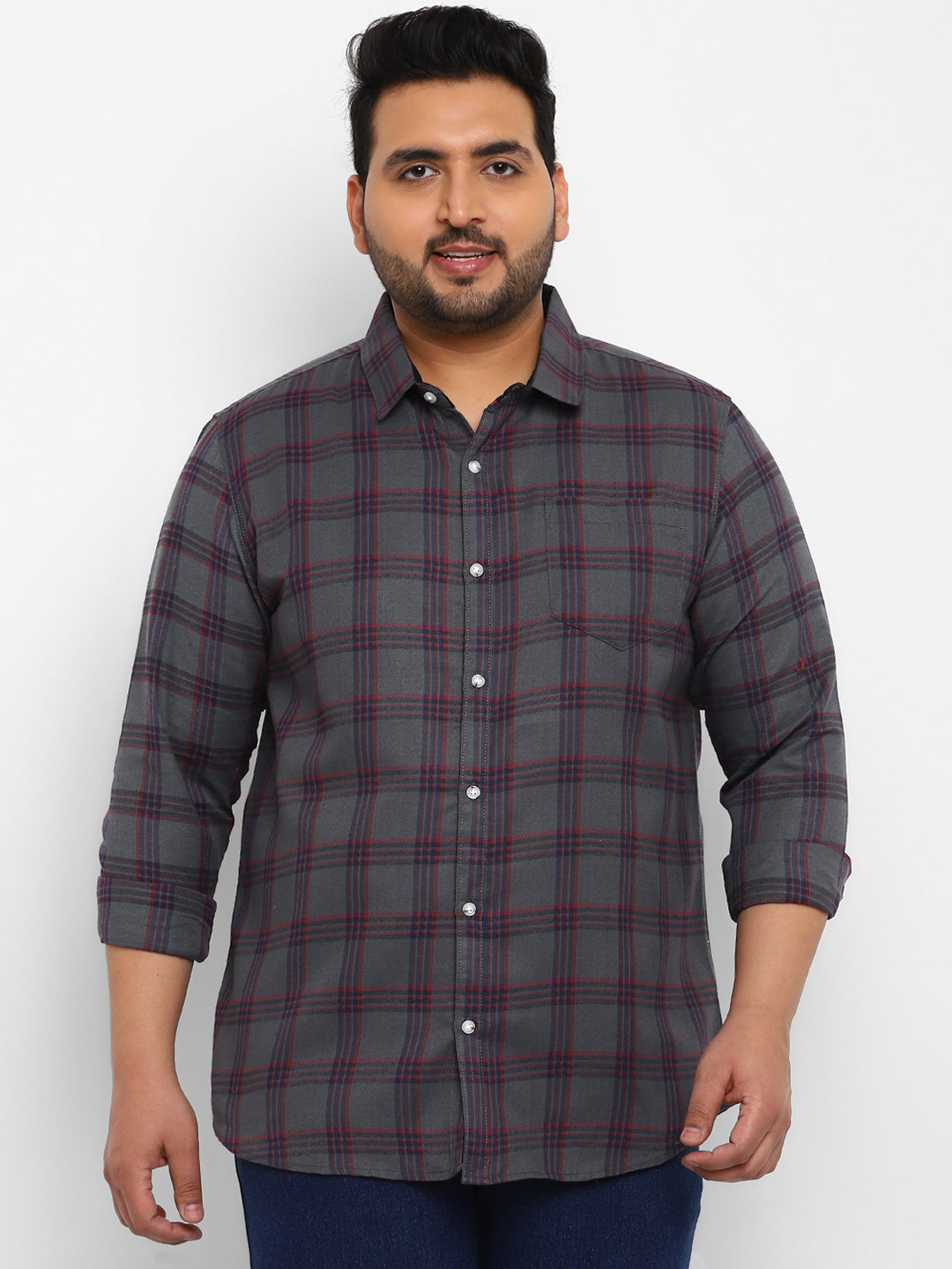 Plus Men's Grey Cotton Full Sleeve Regular Fit Casual Checkered Shirt