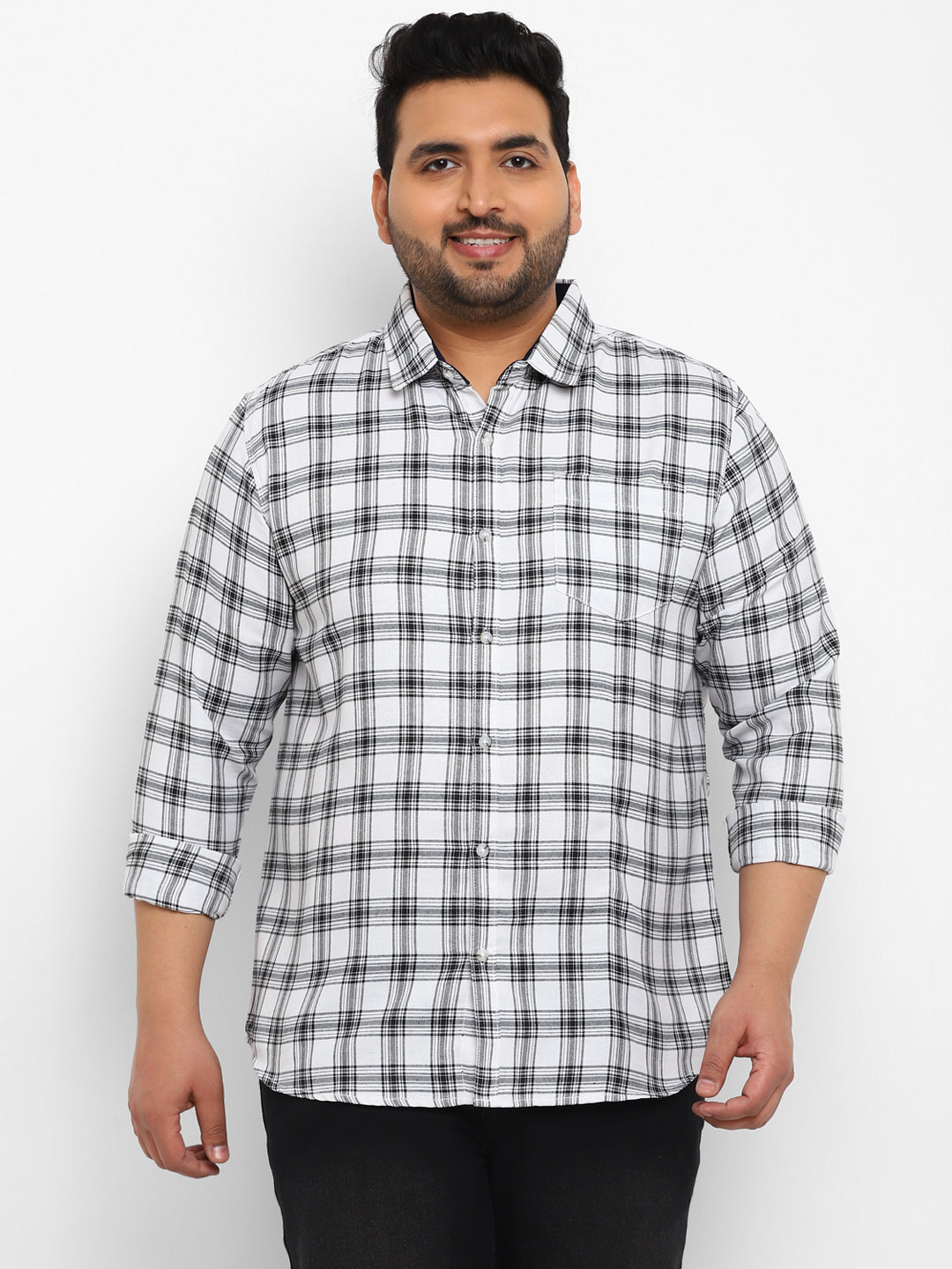 Plus Men's White Cotton Full Sleeve Regular Fit Casual Checkered Shirt