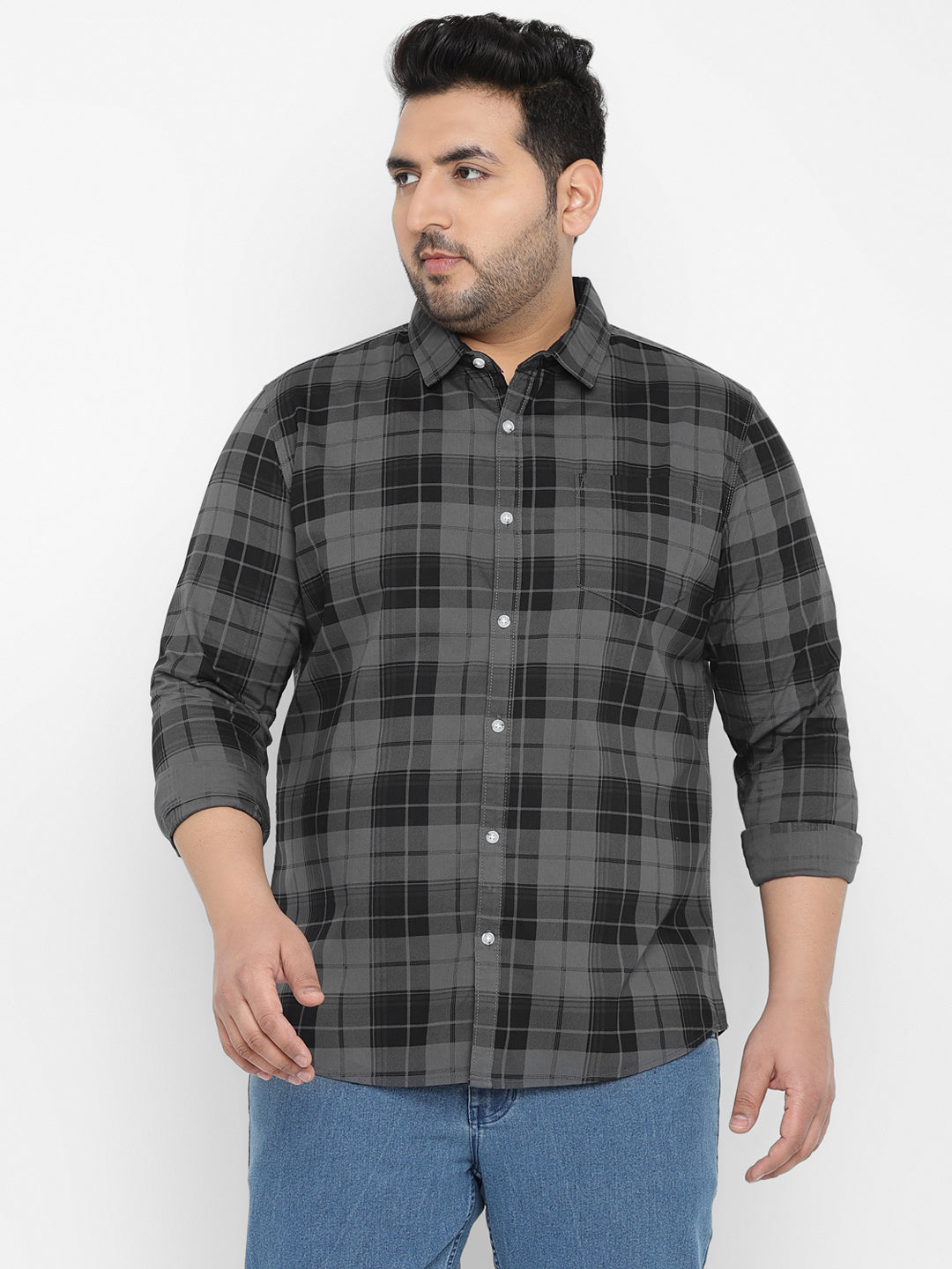Plus Men's Grey Cotton Full Sleeve Regular Fit Casual Checkered Shirt