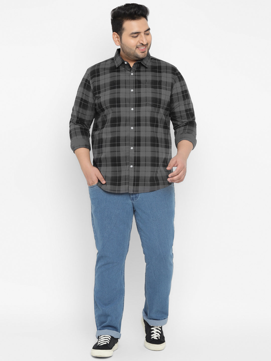 Plus Men's Grey Cotton Full Sleeve Regular Fit Casual Checkered Shirt