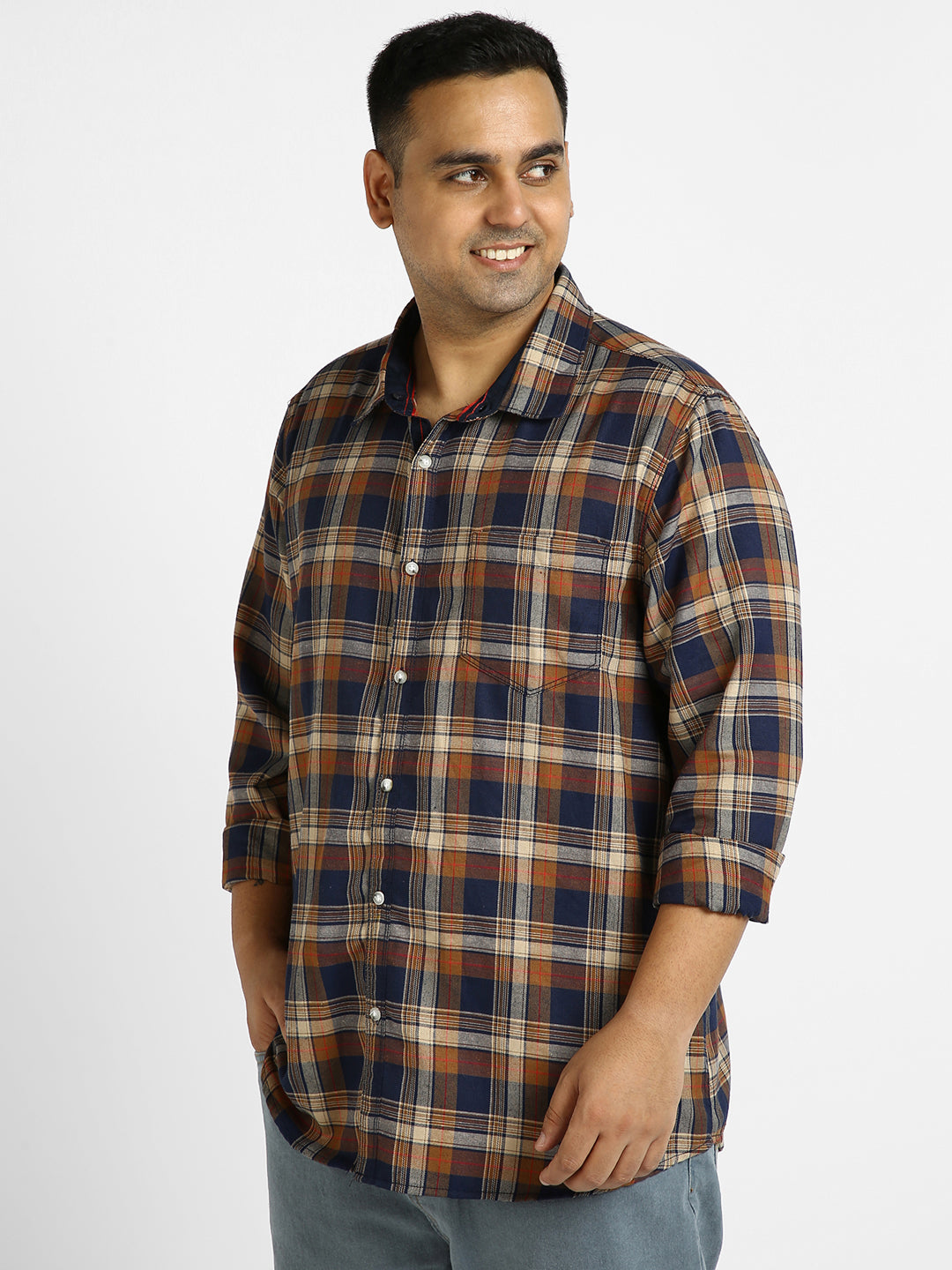 Plus Men's Orange Cotton Full Sleeve Regular Fit Casual Checkered Shirt with Hooded Neck