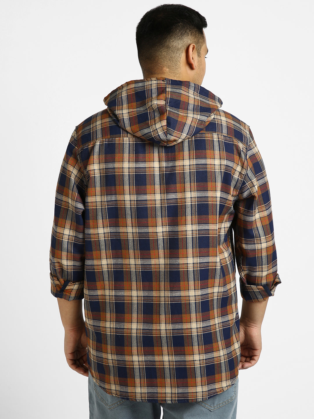 Plus Men's Orange Cotton Full Sleeve Regular Fit Casual Checkered Shirt with Hooded Neck