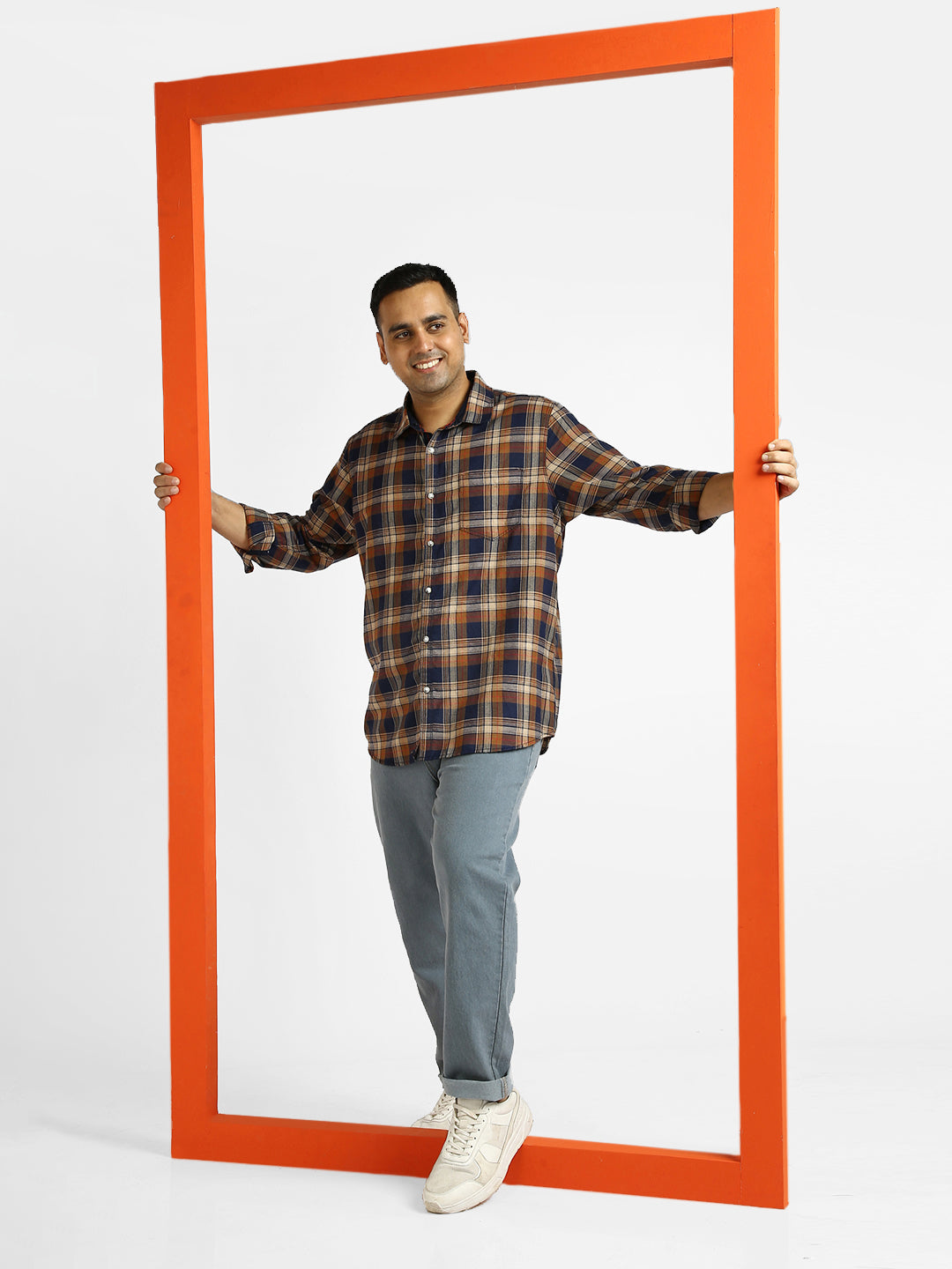 Plus Men's Orange Cotton Full Sleeve Regular Fit Casual Checkered Shirt with Hooded Neck