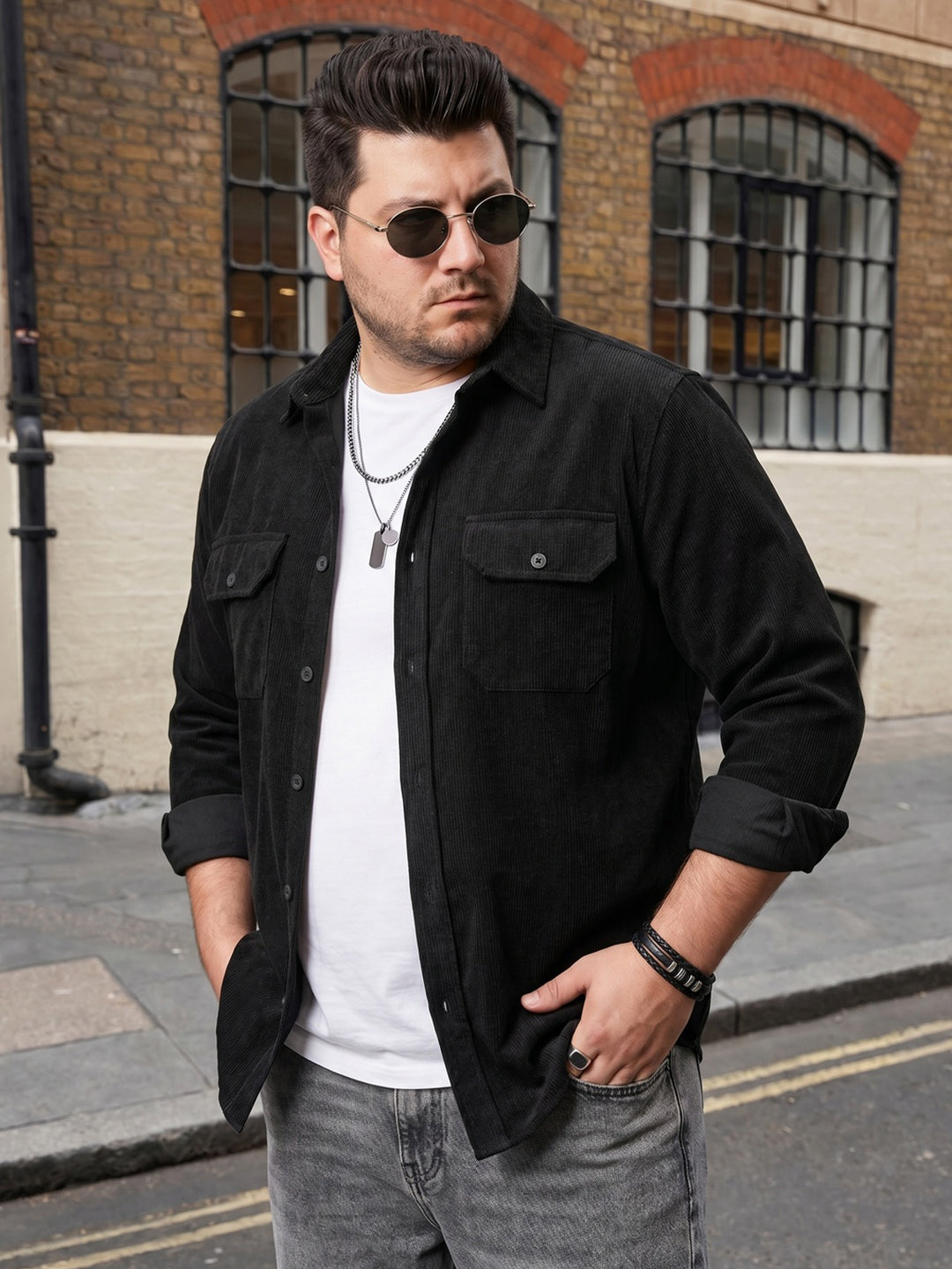 Plus Men's Black Corduroy Full Sleeve Regular Fit Solid Overshirt with Utility Pockets