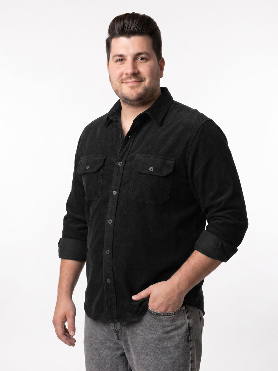 Plus Men's Black Corduroy Full Sleeve Regular Fit Solid Overshirt with Utility Pockets